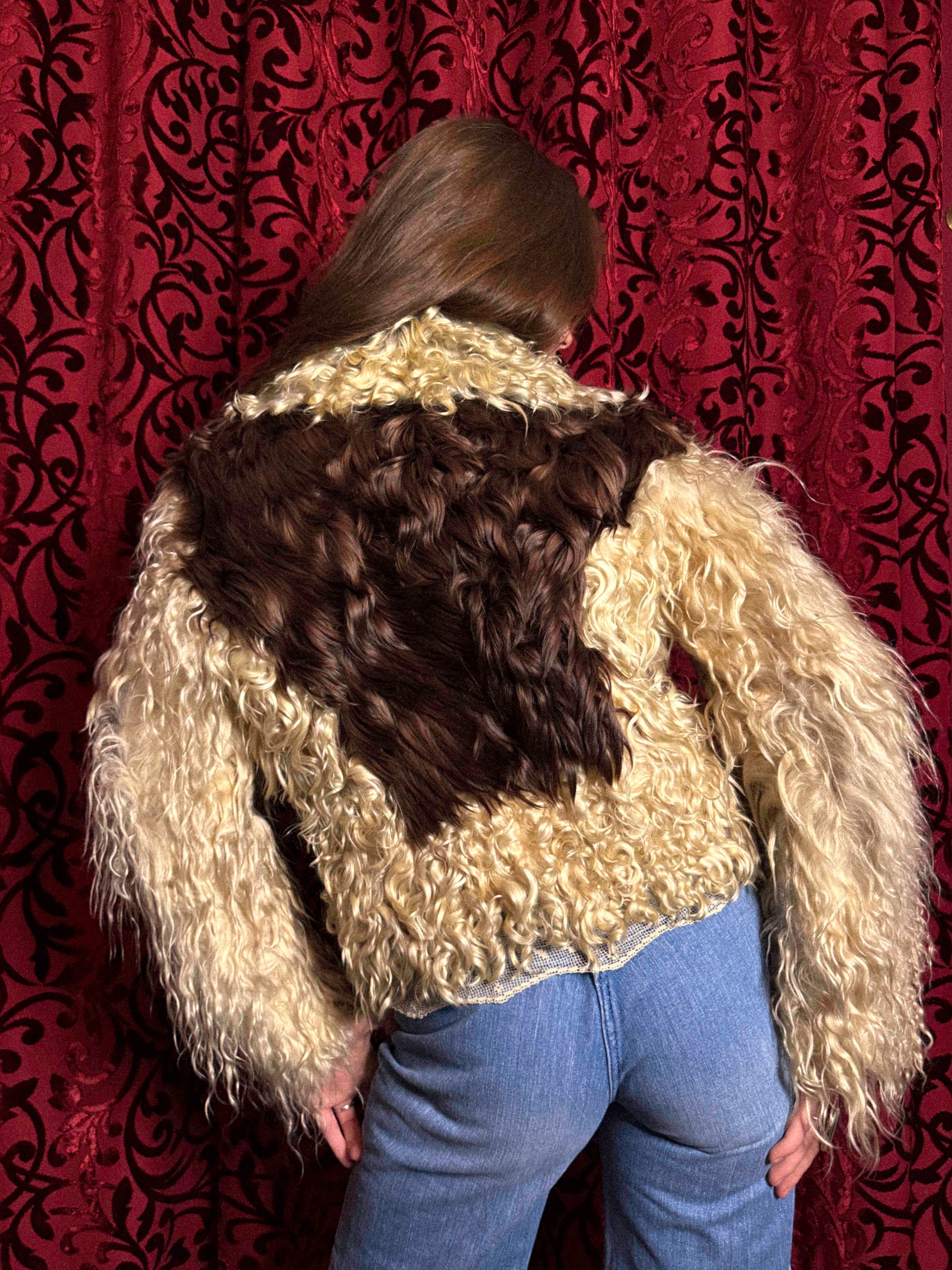 Rare 1960s–70s Tibetan Lamb Jacket – Two-Tone Curly Fur with Sculptural Sleeves