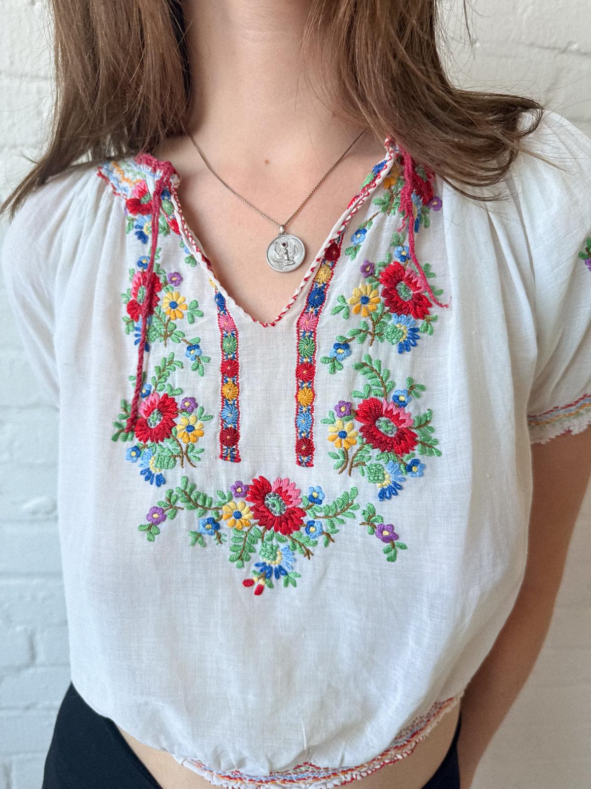 1930s–40s Hand-Embroidered Hungarian Cotton Gauze Folk Blouse