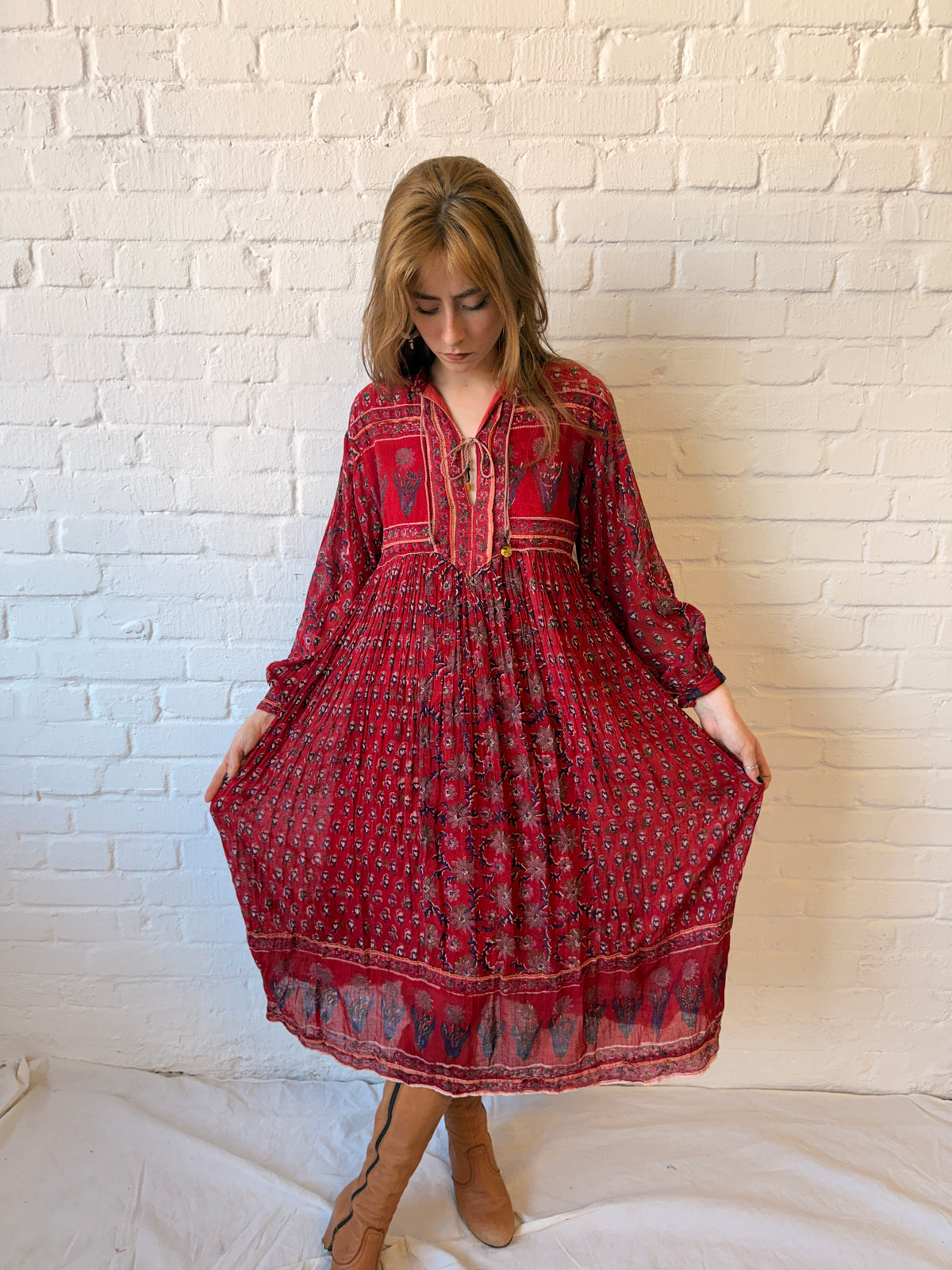 1970s Cotton Gauze Indian Block Print Midi Dress