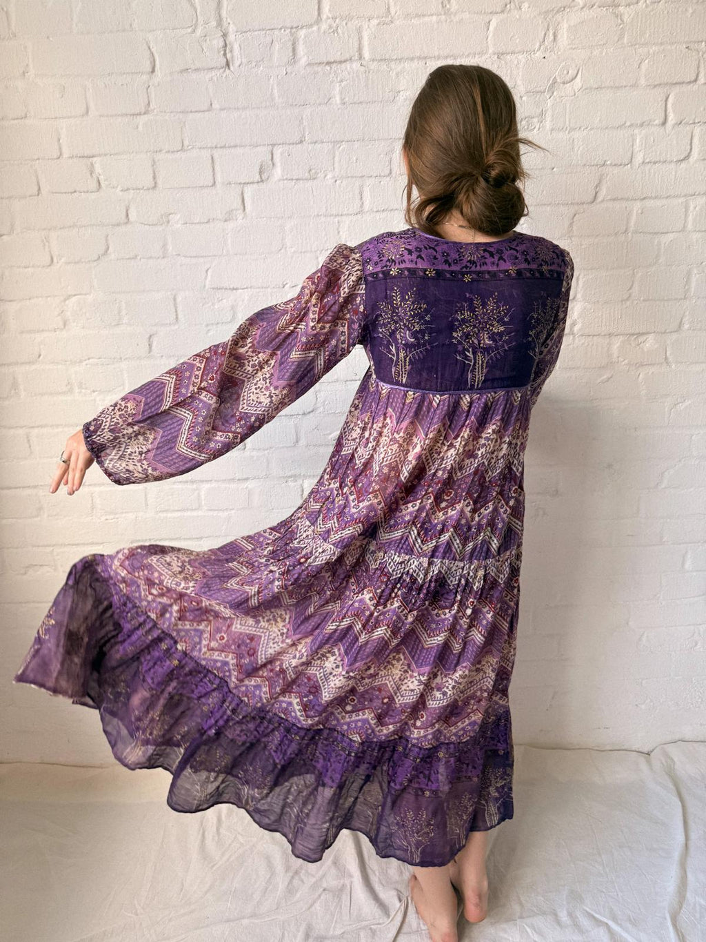 1970s Indian Cotton Gauze Maxi Dress with Tree Print and Gold Stamped Details