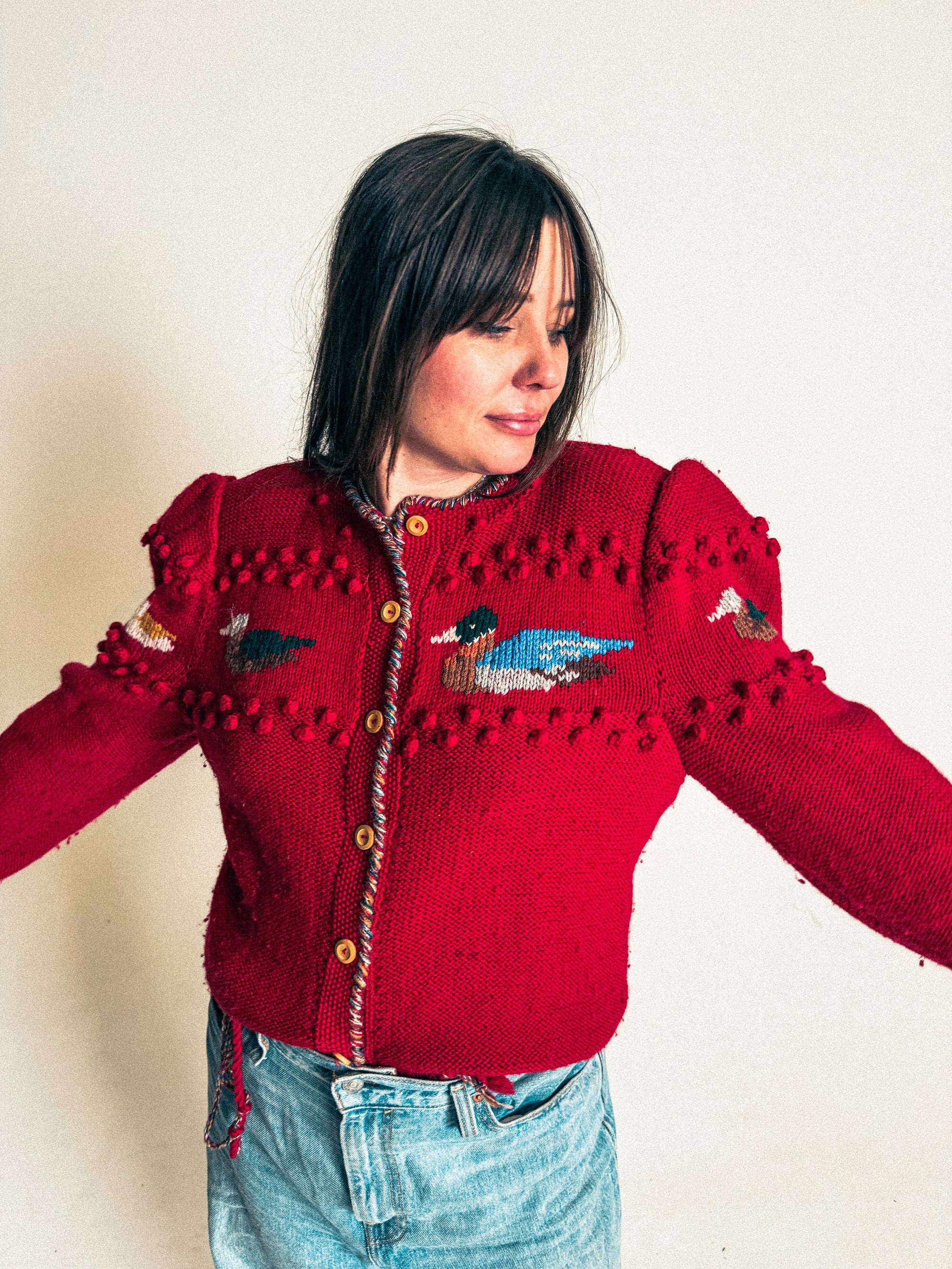 Vintage Woolen Folk Cardigan with Duck Motif by Pinelli