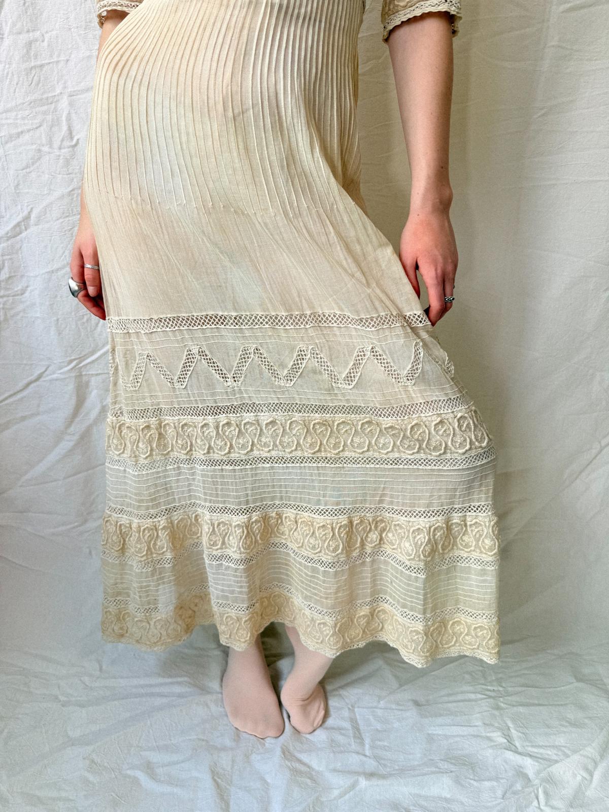 Edwardian Soutache & Lace Gauze Dress | Antique Cream Cotton Dress | Edwardian Lawn Dress | c. 1905–1915