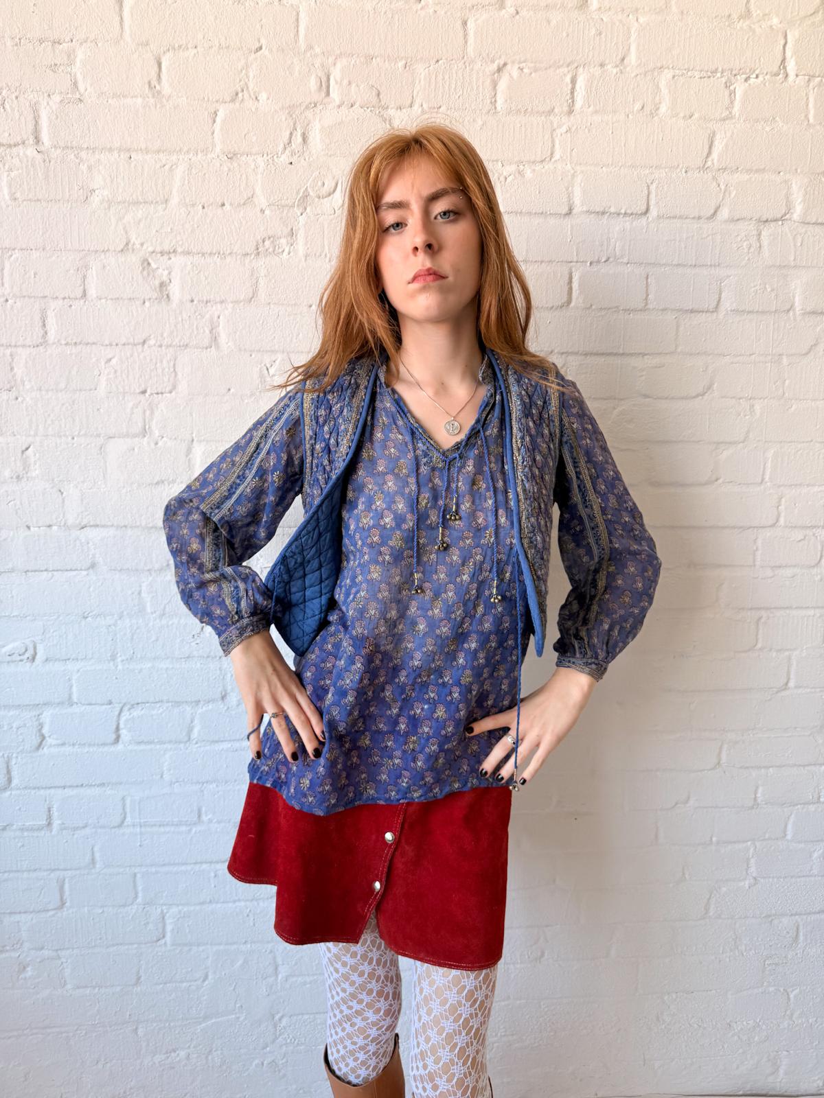 1970s Indian Cotton Gauze Blouse & Quilted Vest Set
