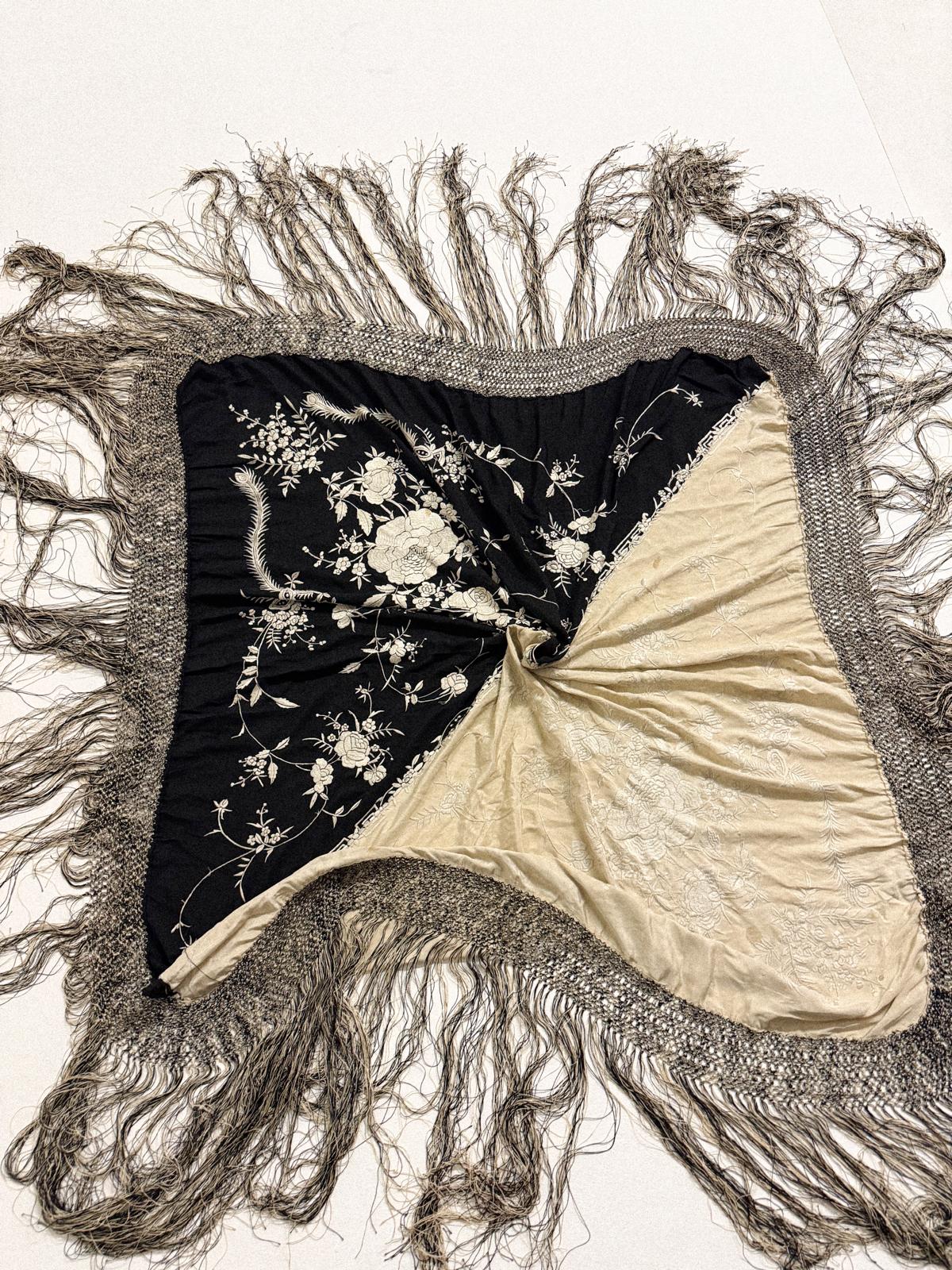 1920s Black & Ivory “Yin-Yang” Embroidered Silk Piano Shawl