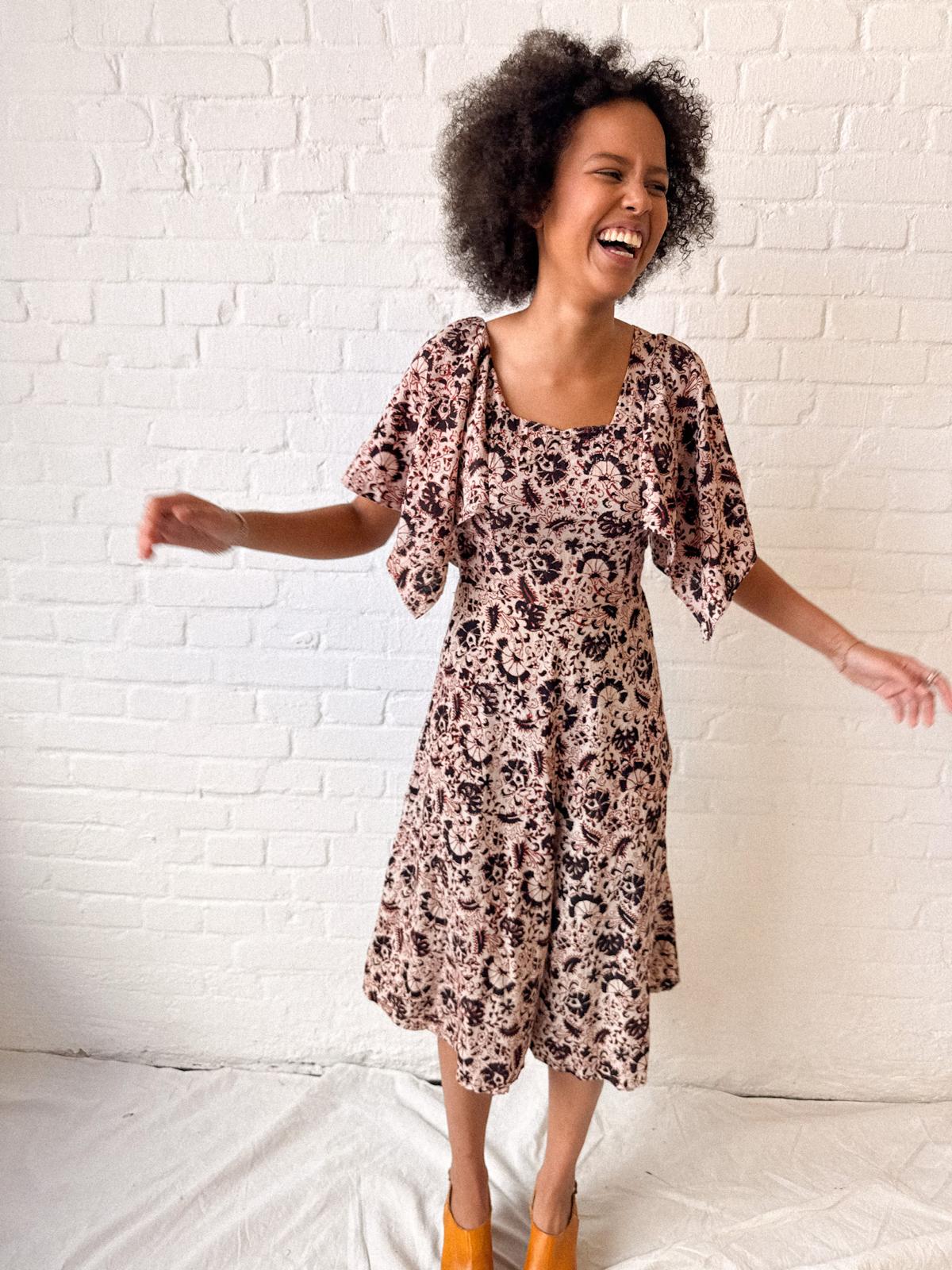 1970s Indian Block Print Cotton Dress with Butterfly Sleeves