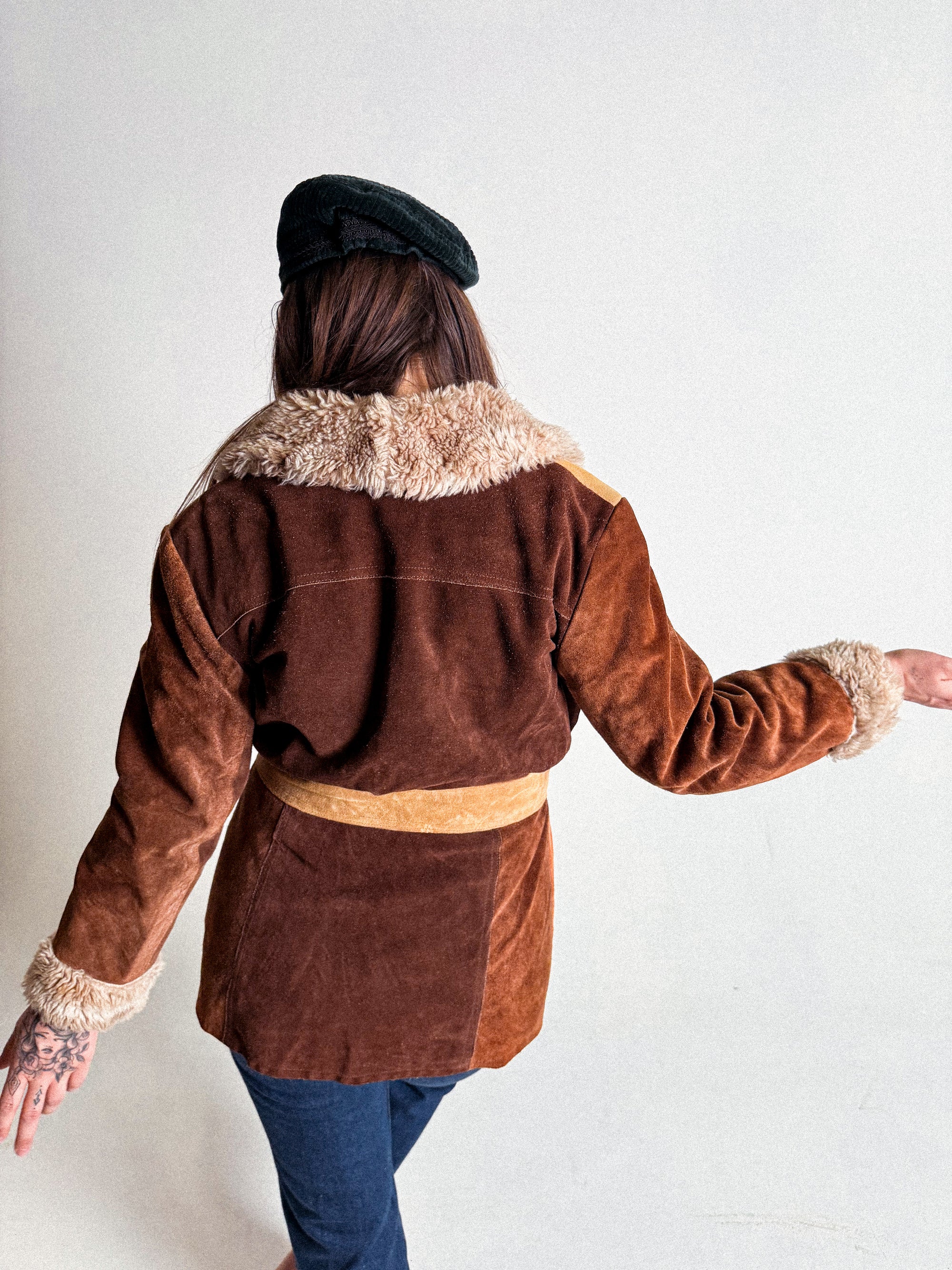 1970s Colourblock Suede and Fake-Fur Belted Jacket