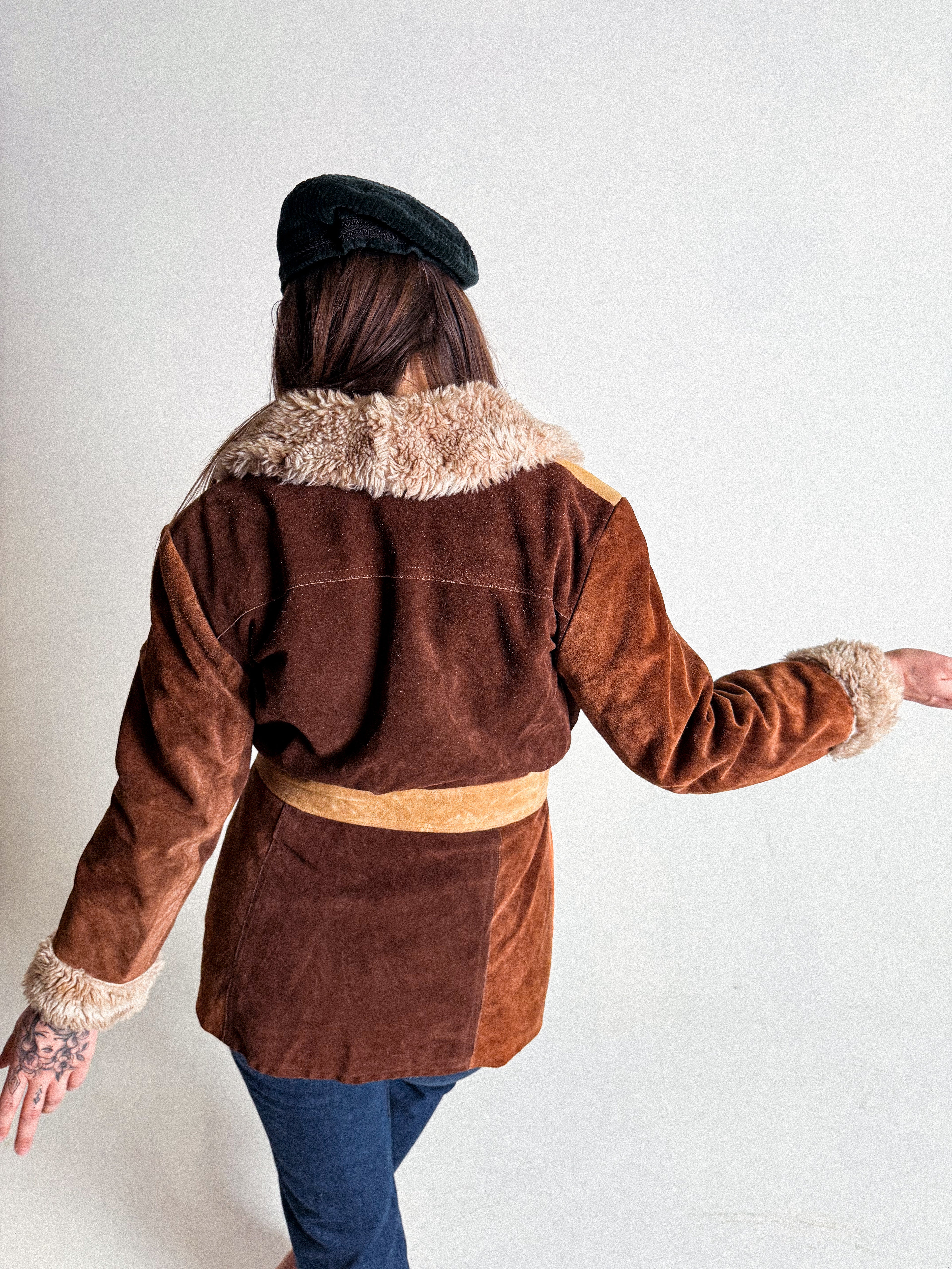 1970s Penny Lane Colourblock Suede and Fake-Fur Belted Jacket