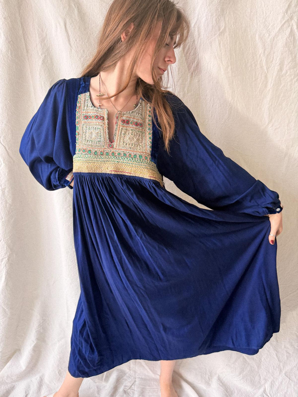 1970s Afghan Folk Dress in Cobalt Blue Velvet & Handworked Tribal Yoke