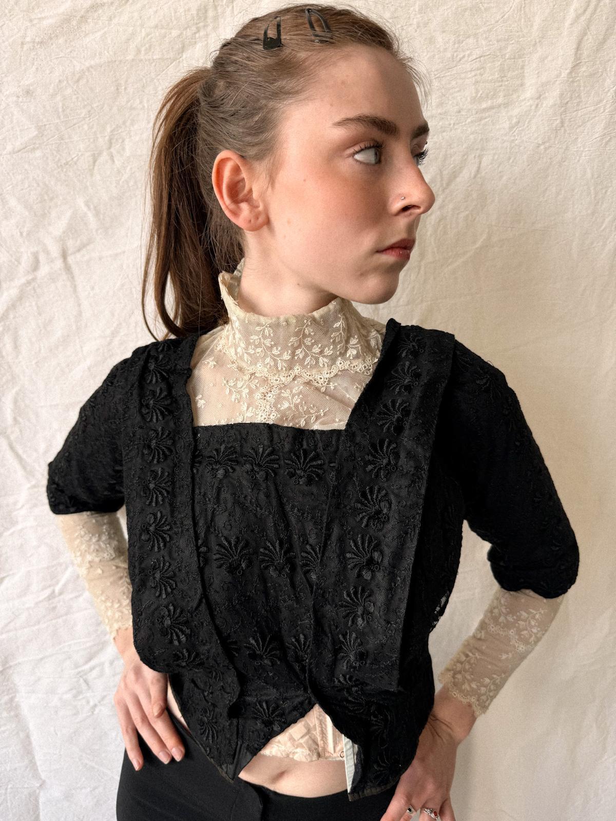 Victorian / Early Edwardian Black Silk & Lace Boned Bodice | Antique Embroidered Jacket | c. 1895–1910