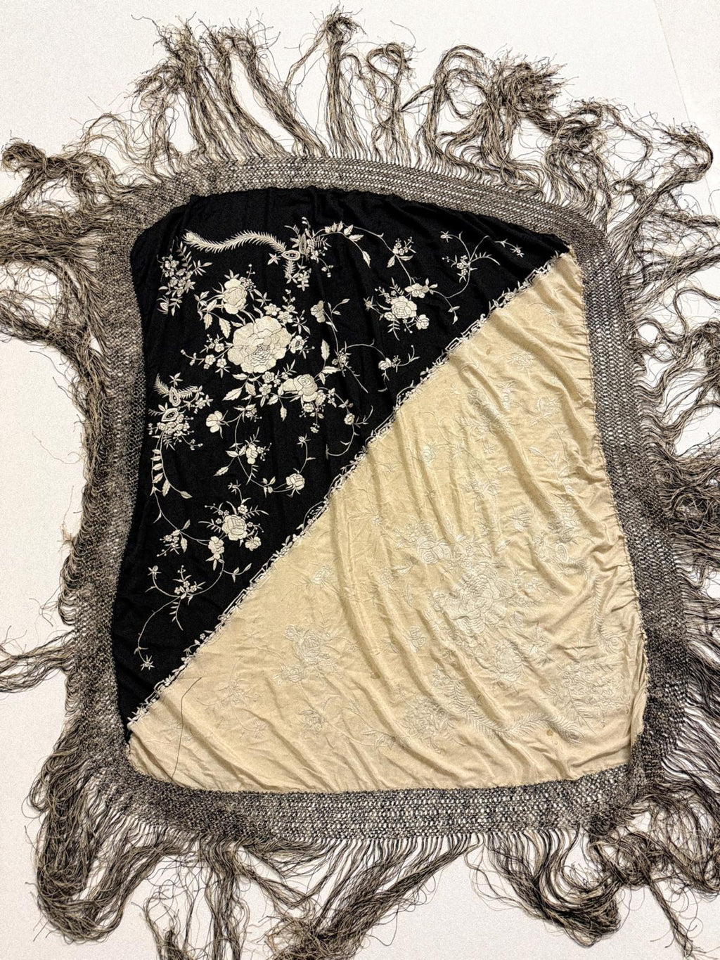 1920s Black & Ivory “Yin-Yang” Embroidered Silk Piano Shawl