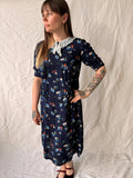 Late 1930s Floral Rayon Crepe Teadress with Crochet Collar