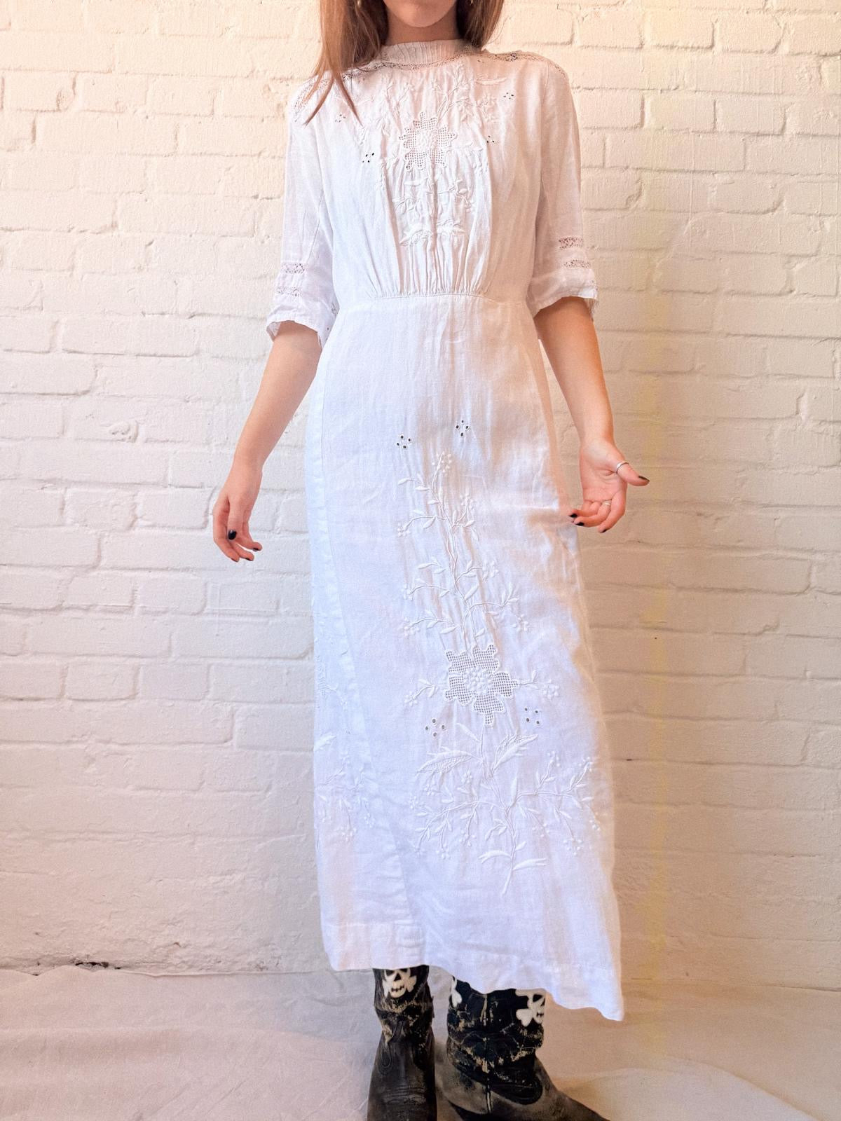 Edwardian White Embroidered Cotton Lawn Dress
