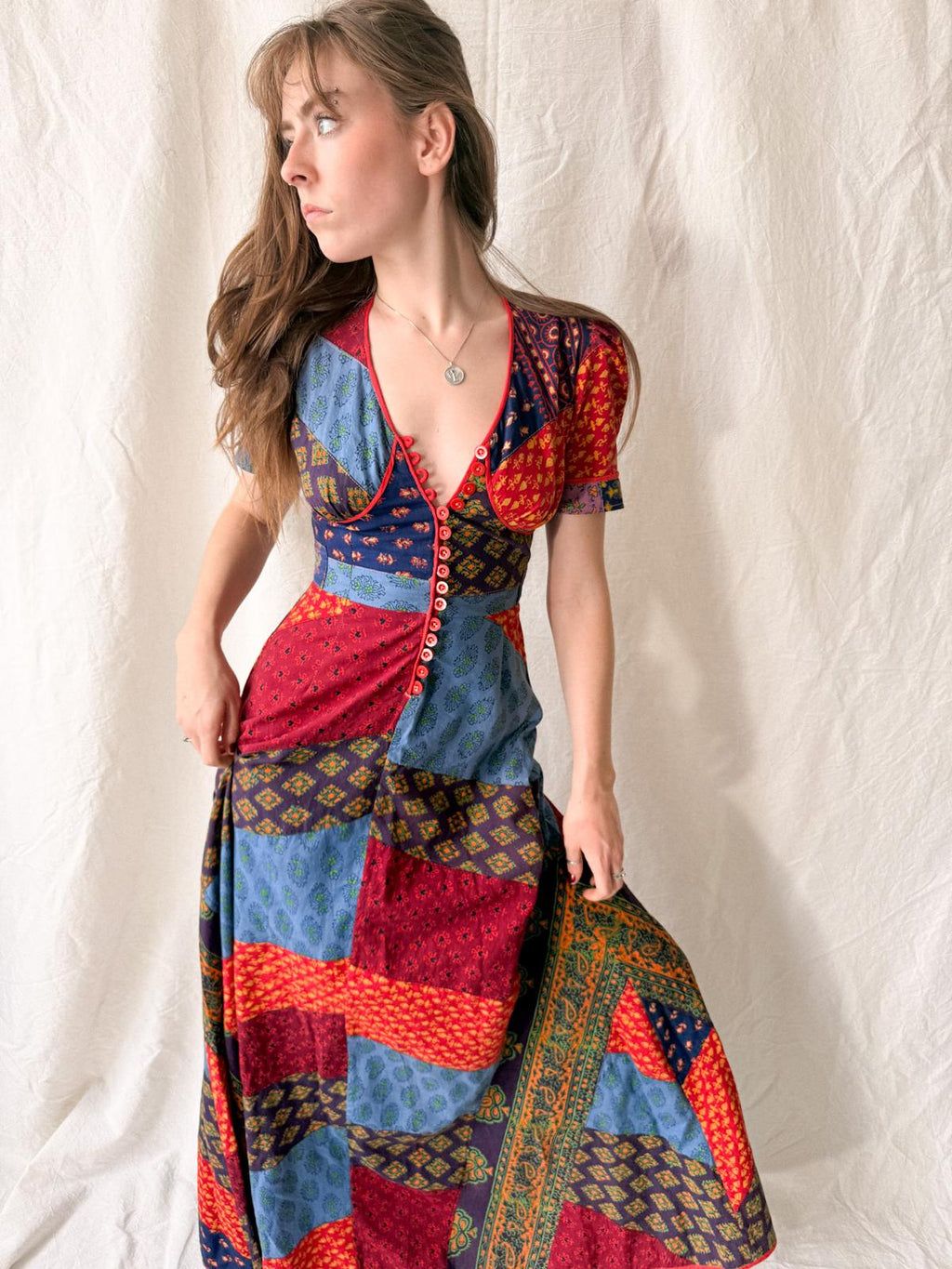 1970s Indian Cotton Patchwork Maxi Dress | Block Print Bohemian Folk Dress