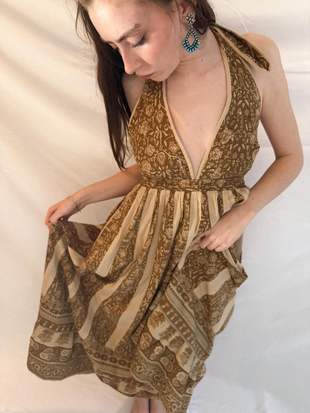 1970s Blockprint Halterneck Dress