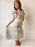 1930s Floral Cotton Voile Dress with Ruffled Neckline and Matching Belt