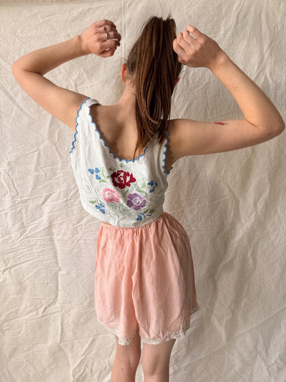 Antique to Early Vintage Embroidered Folk Bodice / Cotton Corset Cover