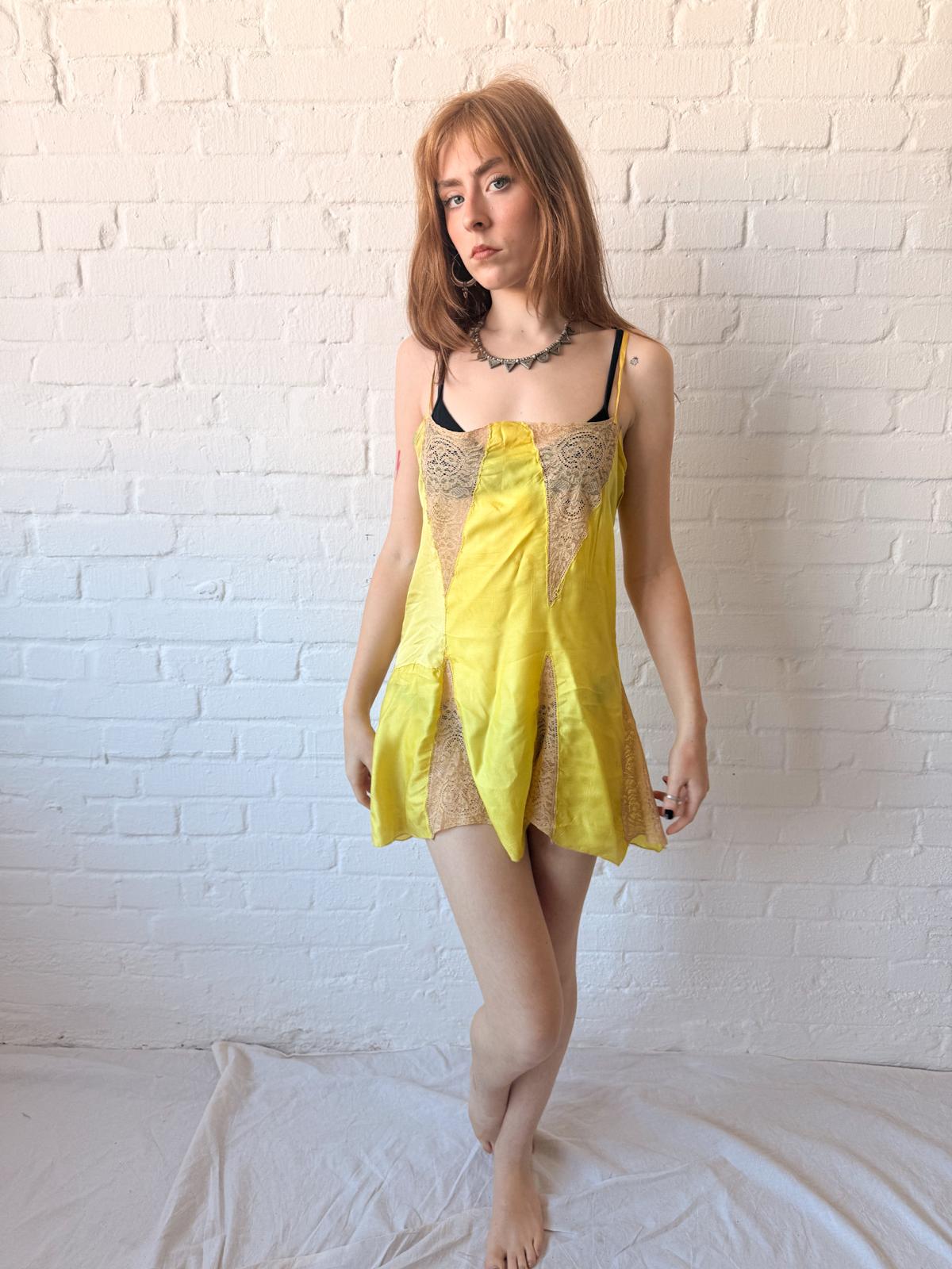 1920s Lemon Yellow Rayon Satin & Lace French Lingerie Slip