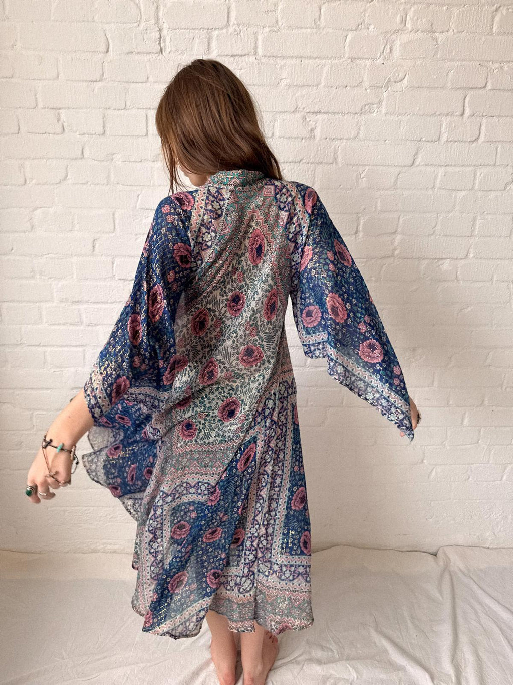 1970s Adini Floral Gauze Gold Lurex Caftan