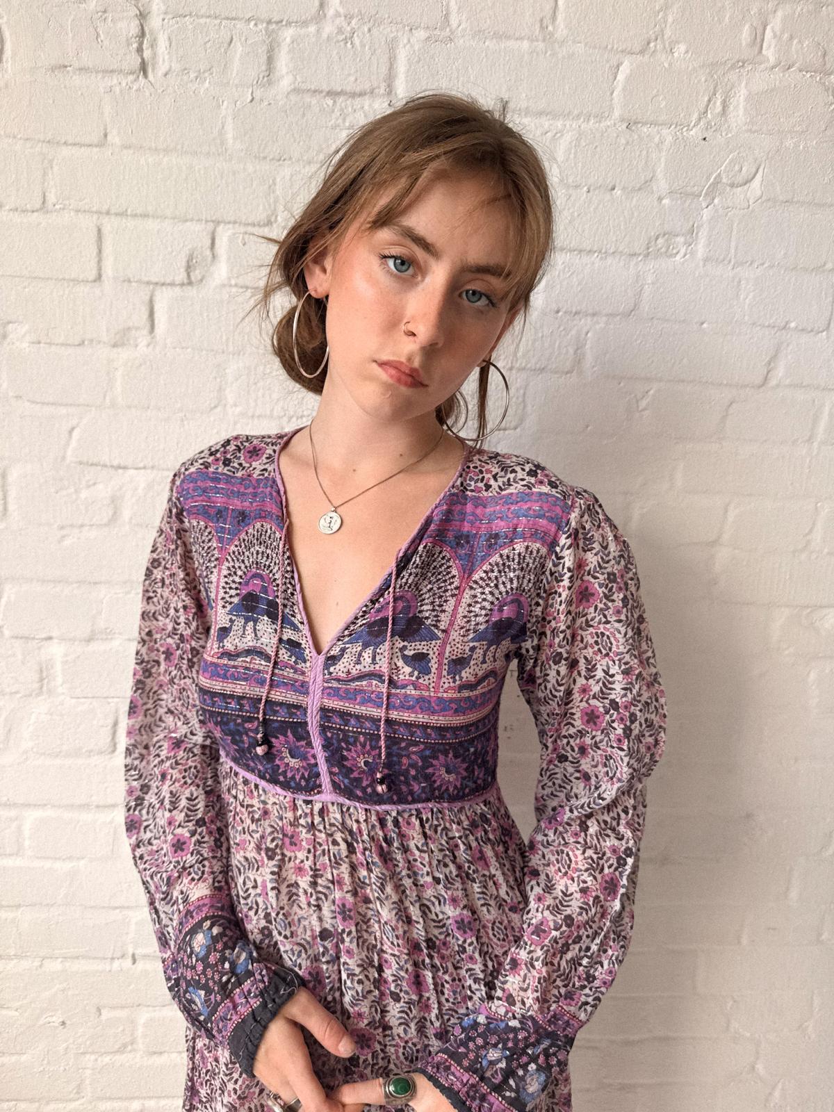 1970s Indian Cotton Gauze and Lurex Peacock Print Dress