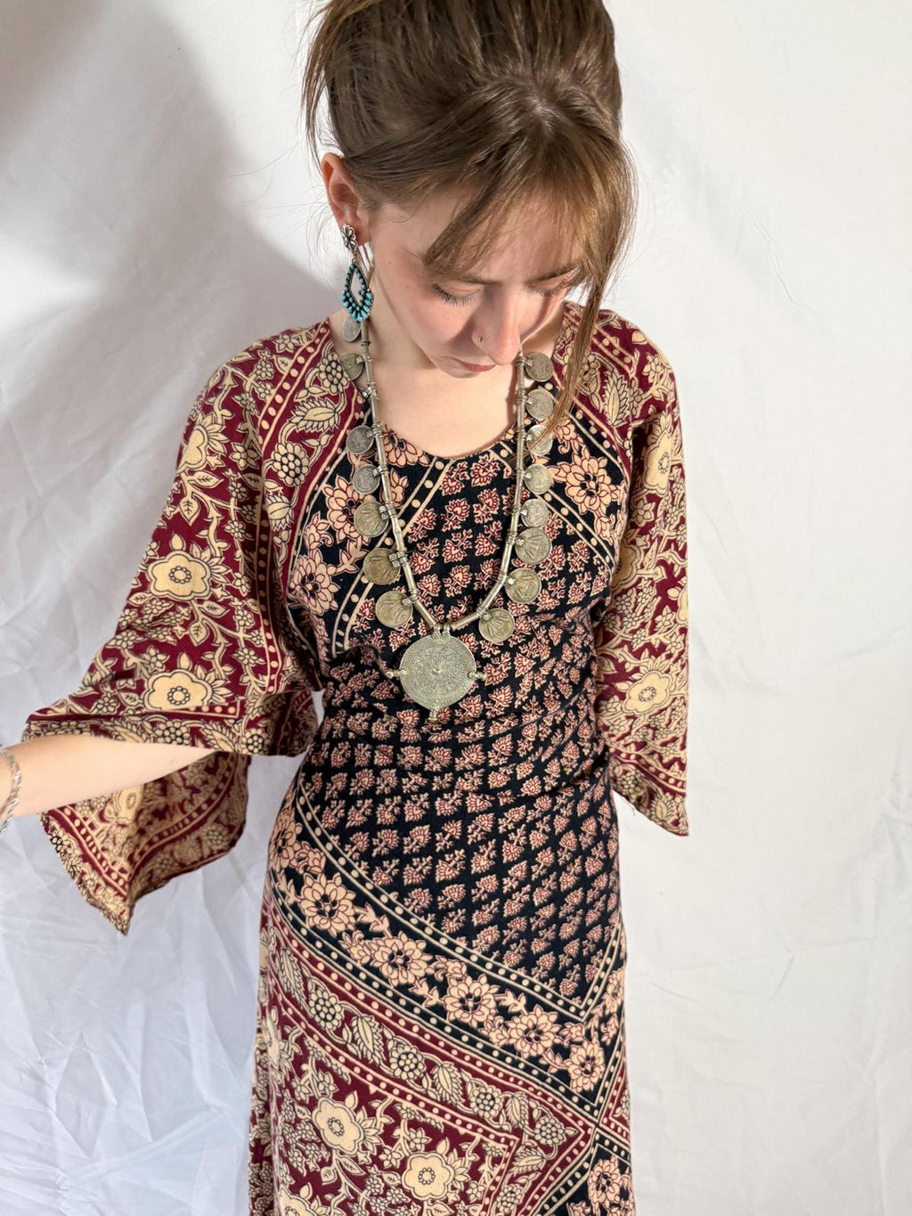 1970s Kaiser Indian Block Print Cotton Maxi Kaftan Dress