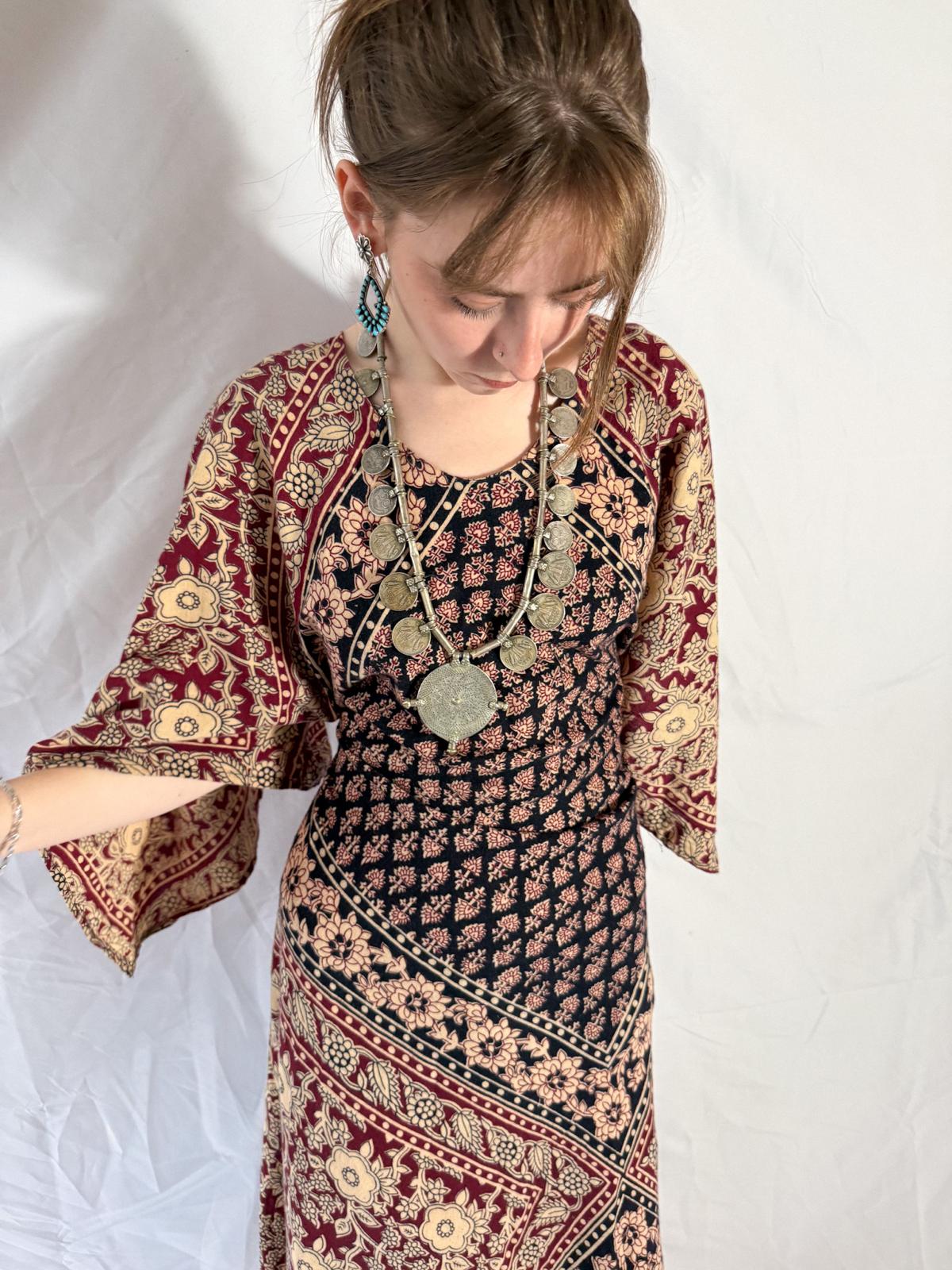 1970s Kaiser Indian Block Print Cotton Maxi Kaftan Dress