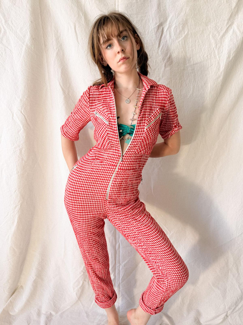 1970s Betty Barclay Red Gingham Zip Front Jumpsuit