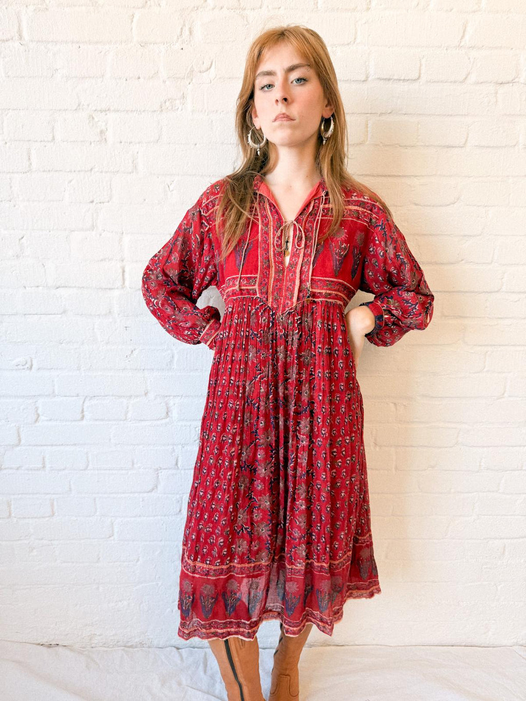 1970s Cotton Gauze Indian Block Print Midi Dress