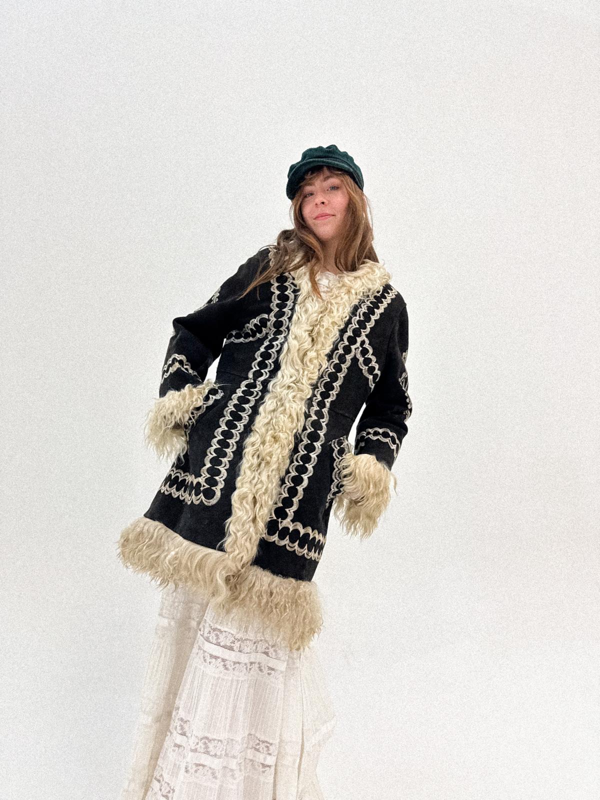 1960s/70s Inky Black Embroidered Afghan Shearling Coat with Lambswool Lining