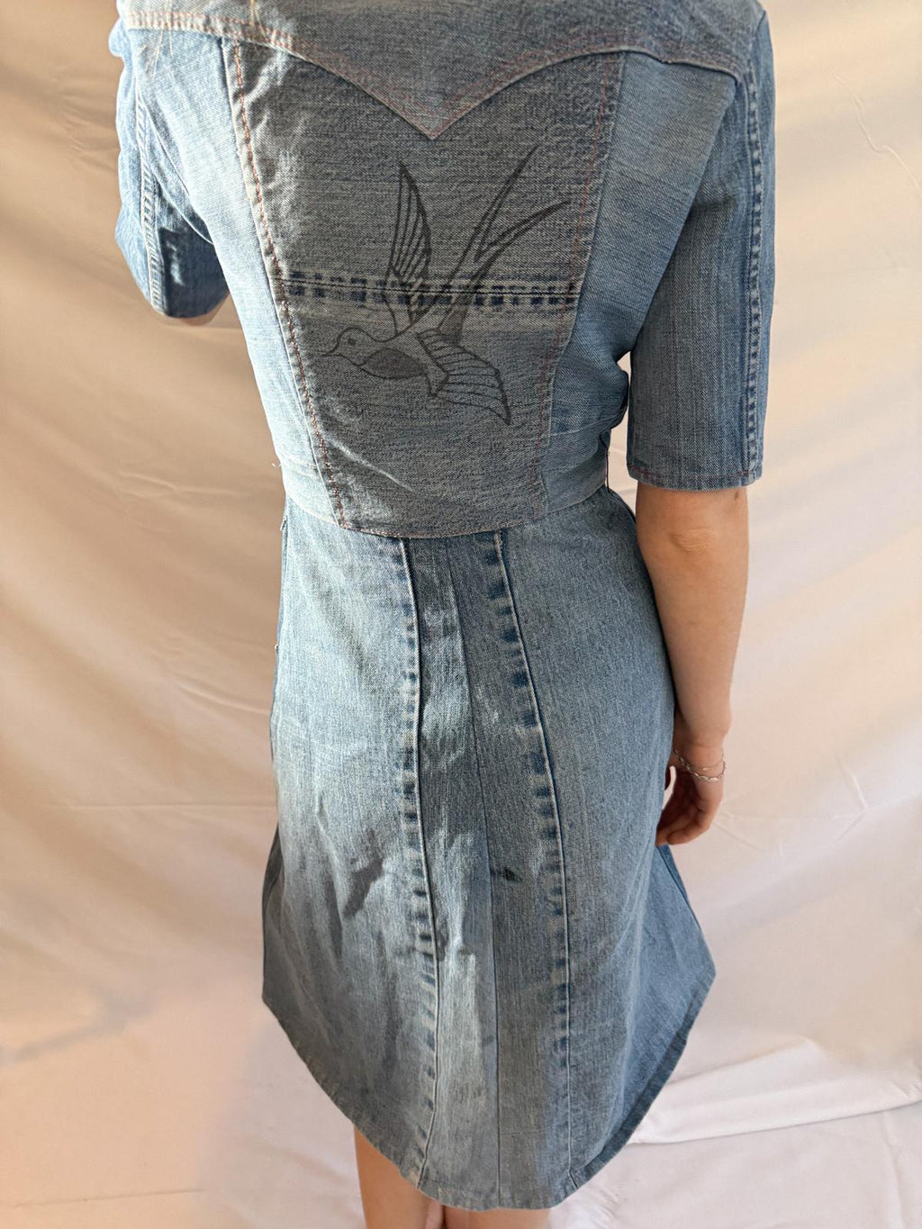 1970s Denim Dress in Heavy Cotton with Western Paneling and Swallow Motif