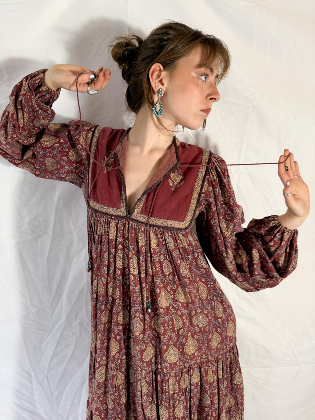 1970s Indian Block Print Cotton Dress with Tiered Skirt and Beaded Tassels