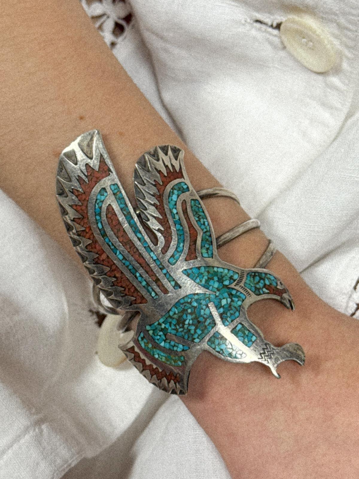 1960s–70s Southwestern Thunderbird Cuff in Sterling Silver with Turquoise and Coral Chip Inlay (HMIJ, Gilbert Ortega Shop)