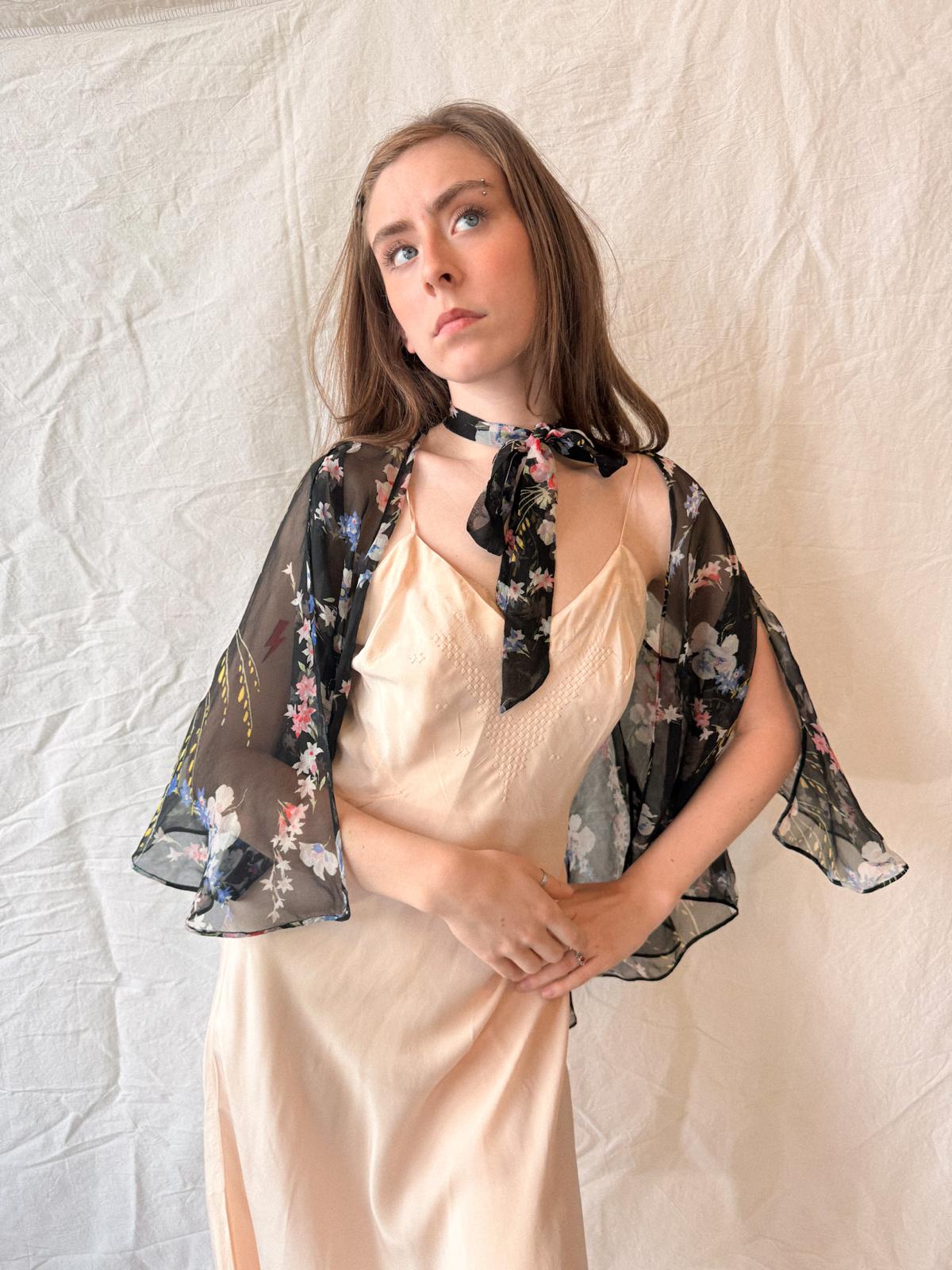1930s Floral Silk Chiffon Cape Jacket/Bolero
