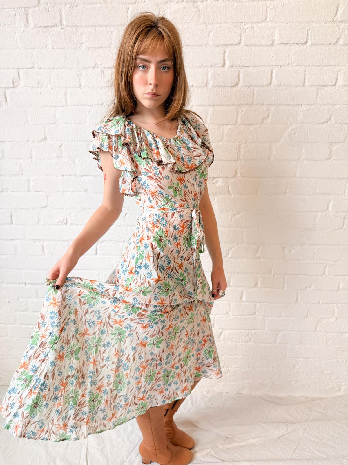 1930s Floral Cotton Voile Dress with Ruffled Neckline and Matching Belt
