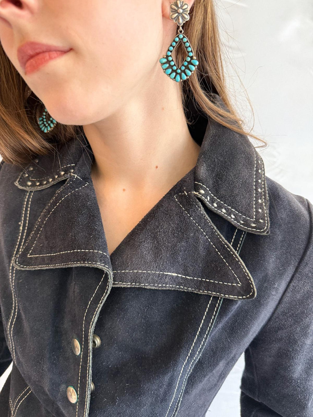RESERVED FOR TUSIA Suede Jacket – Vintage Navy Fitted Leather Coat with Contrast Stitching