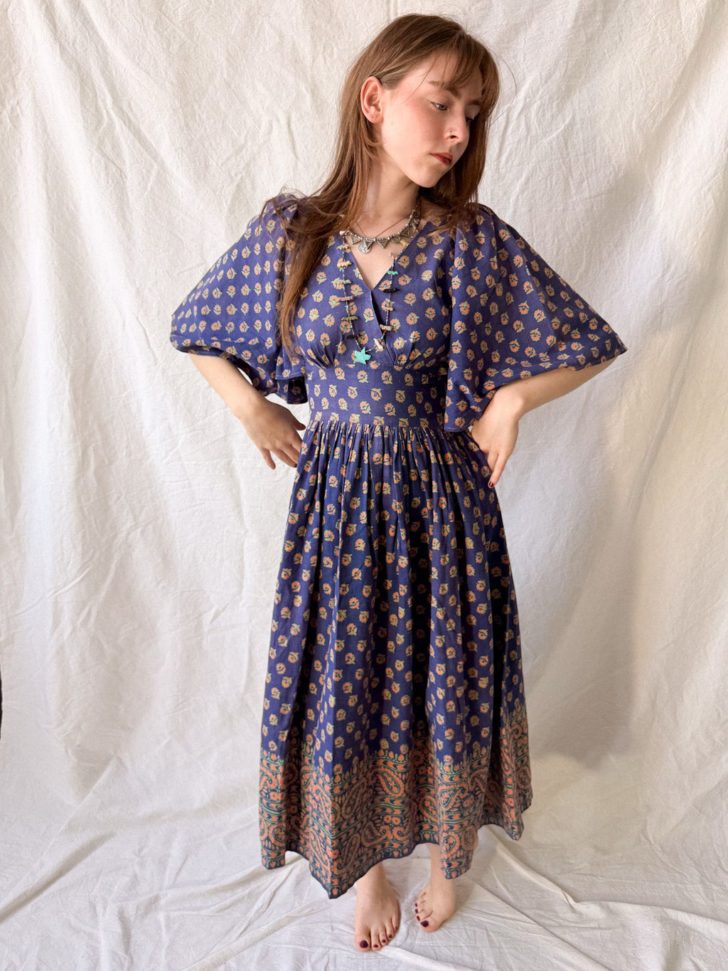 1970s West German Cotton Block Print Angel Sleeve Dress