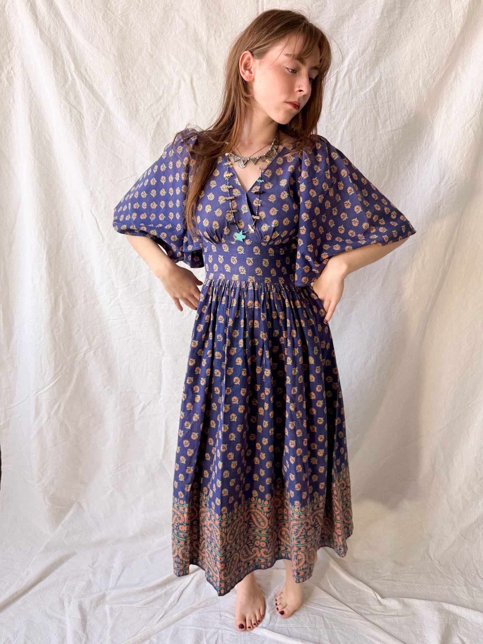 1970s West German Cotton Block Print Angel Sleeve Dress