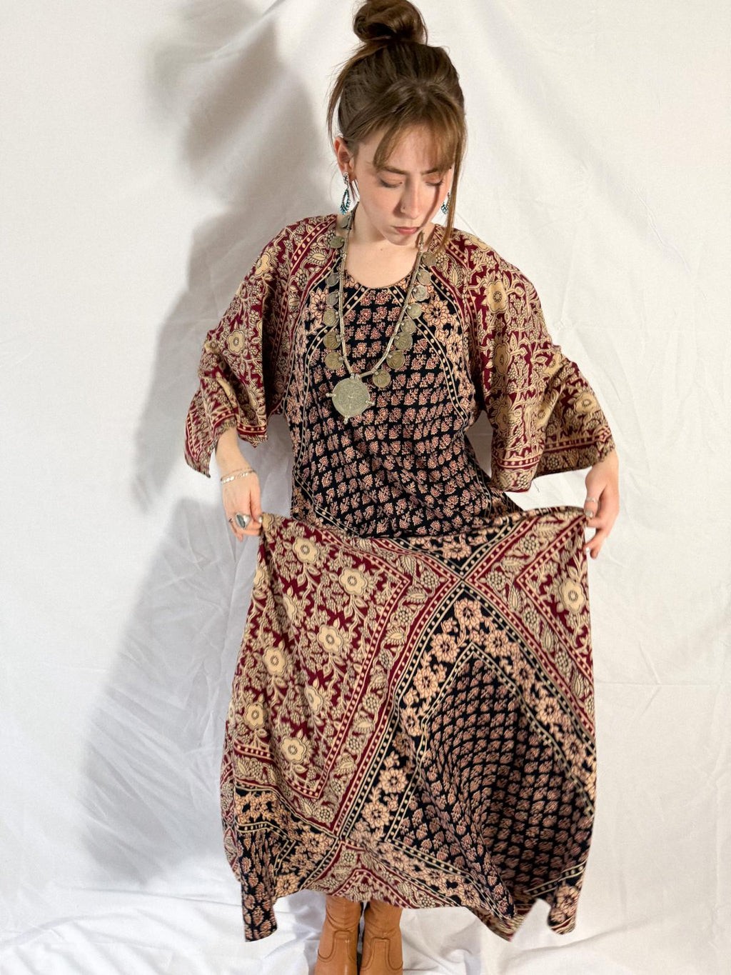1970s Kaiser Indian Block Print Cotton Maxi Kaftan Dress