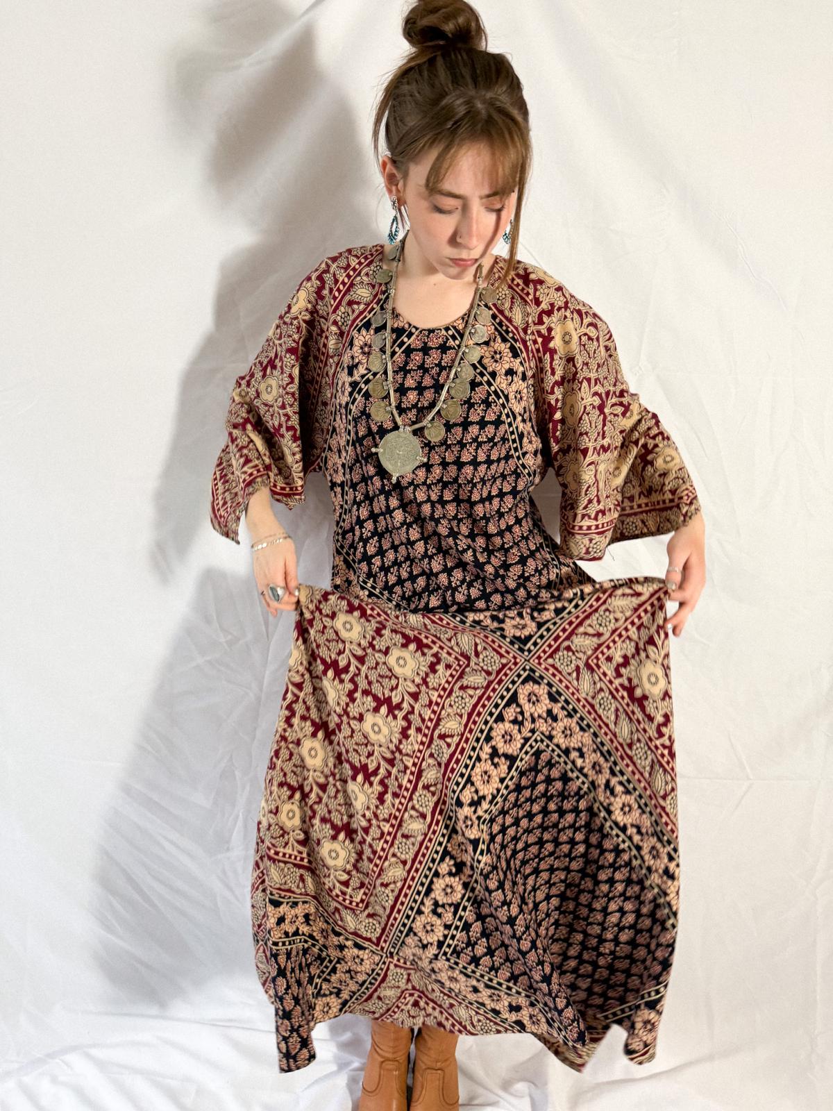 1970s Kaiser Indian Block Print Cotton Maxi Kaftan Dress