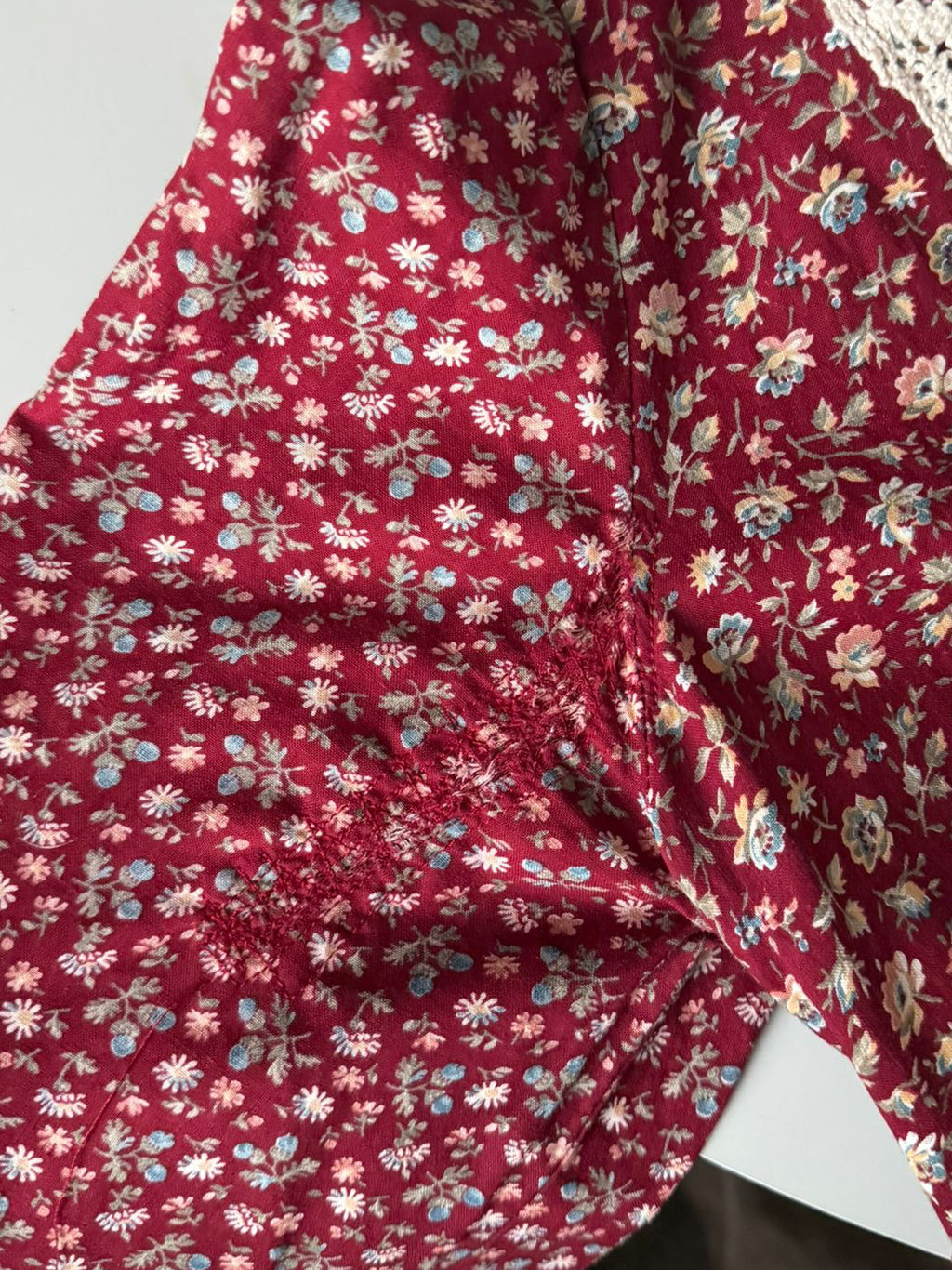1970s Gunne Sax Prairie Dress in Burgundy Floral Cotton with Velvet Bodice