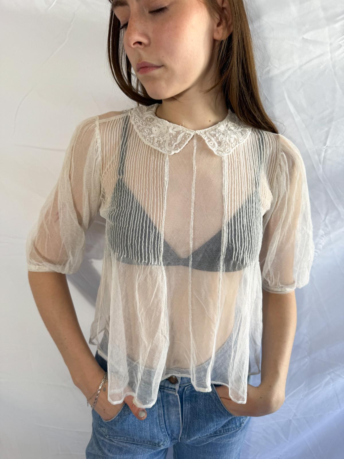 Edwardian / Early 1910s Sheer Tulle Blouse with Embroidered Collar