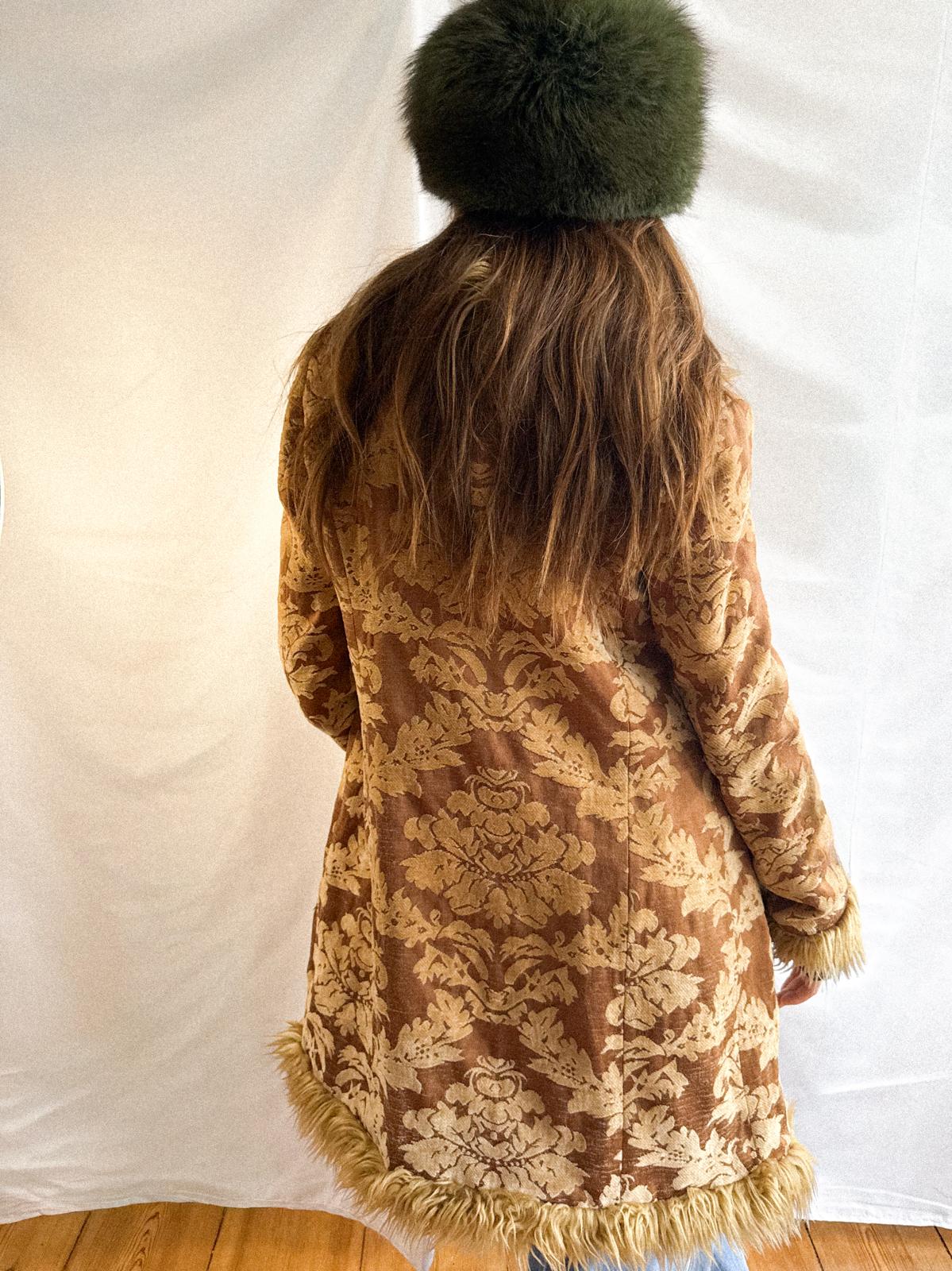 1970s Brocade Afghan Style Penny Lane Coat with Faux Fur Trim