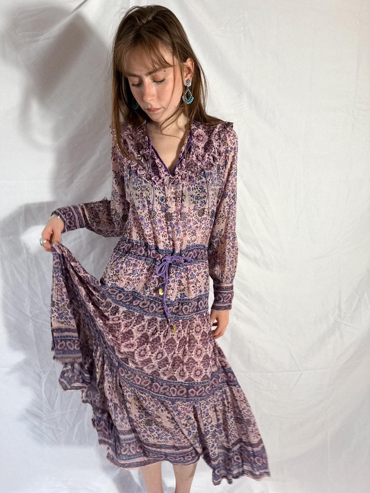 1970s Indian Cotton Gauze Block Print Prairie-Style Dress with Ruffled Neckline and Drawstring Waist