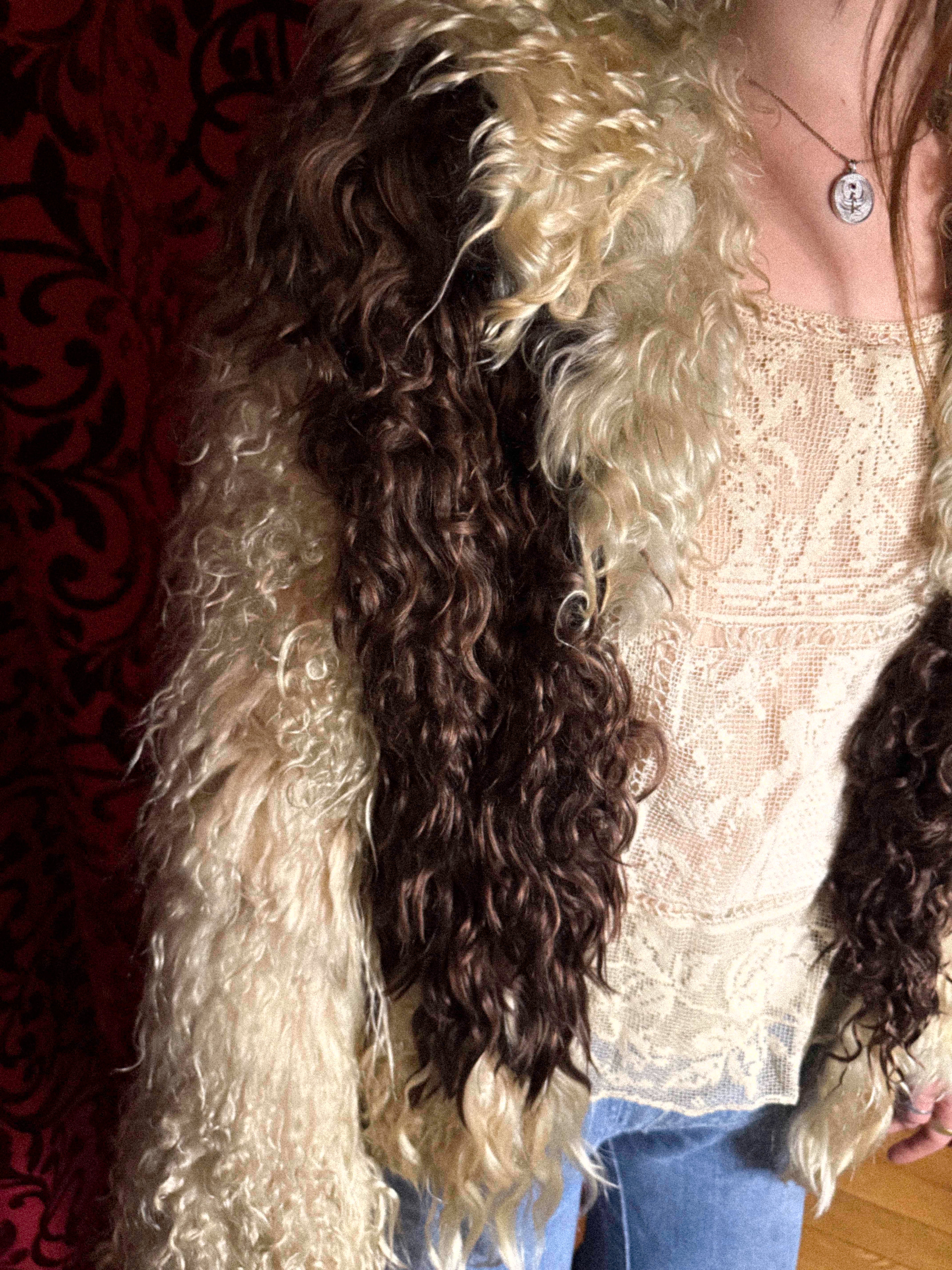 Rare 1960s–70s Tibetan Lamb Jacket – Two-Tone Curly Fur with Sculptural Sleeves