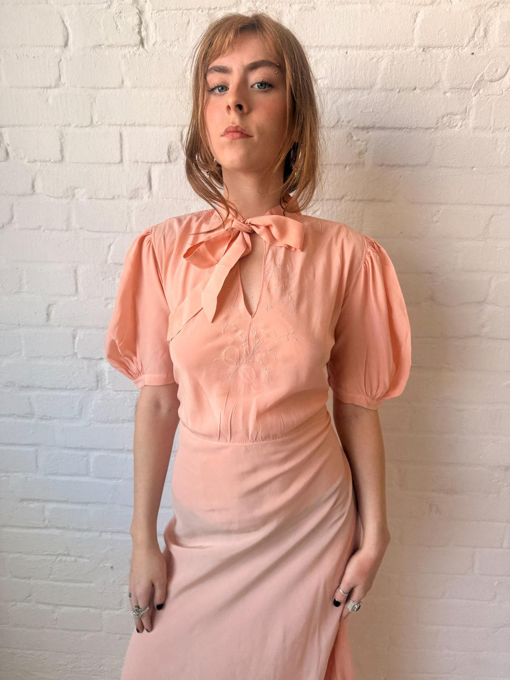 1930s Salmon Pink Silk Bias Cut Maxi Nightgown with Pussy Bow & Embroidery