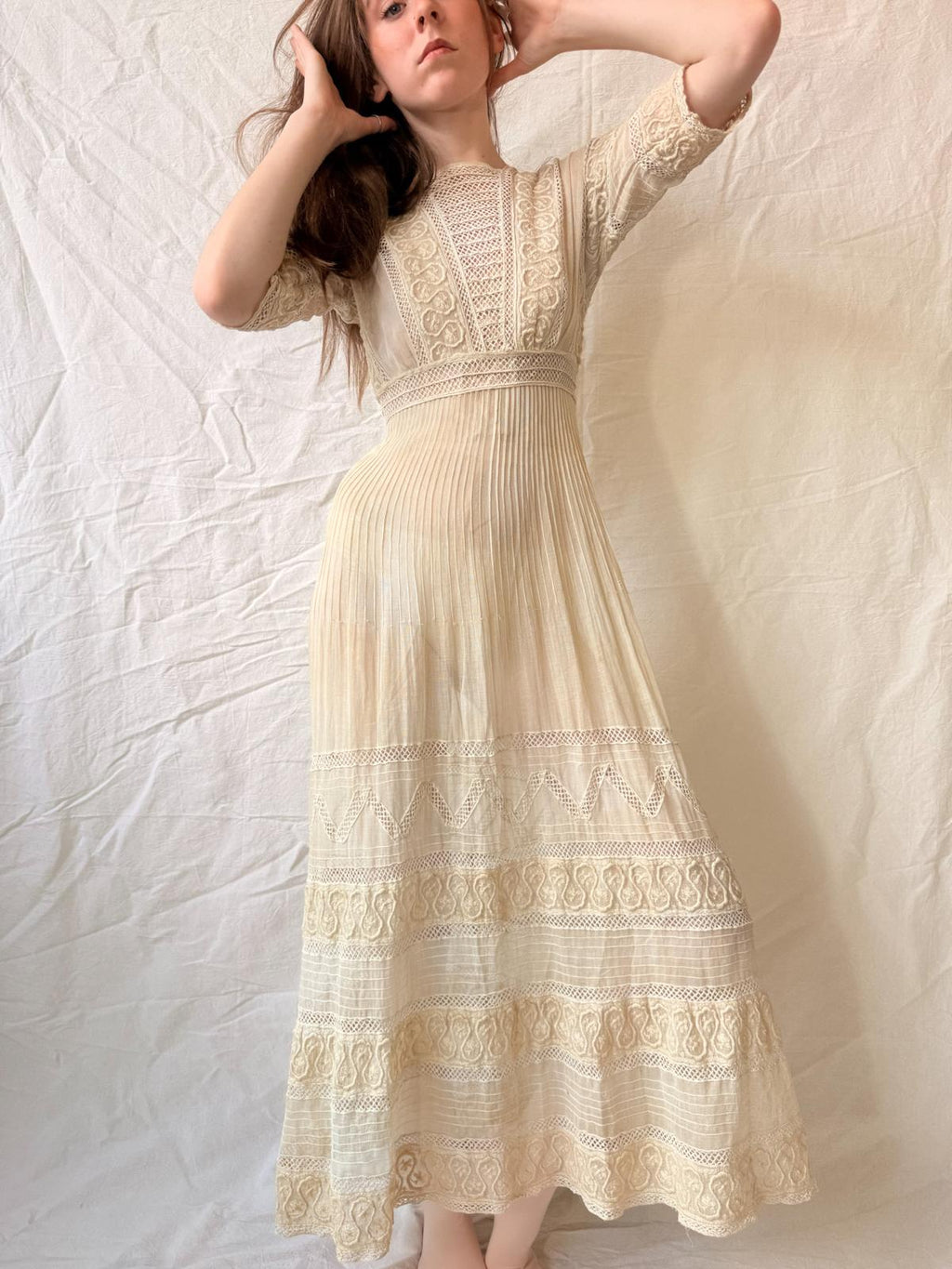 Edwardian Soutache & Lace Gauze Dress | Antique Cream Cotton Dress | Edwardian Lawn Dress | c. 1905–1915