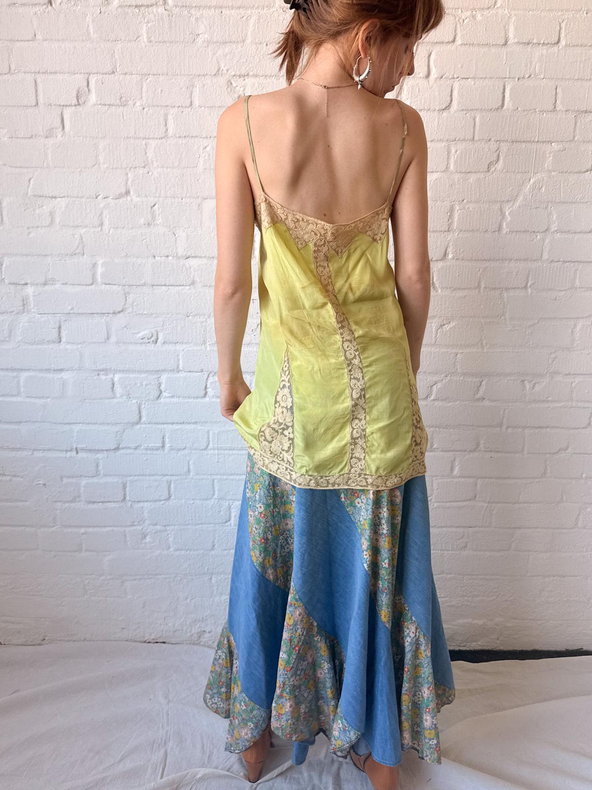 Antique 1920s Chartreuse Silk Lingerie Slip with Lace￼