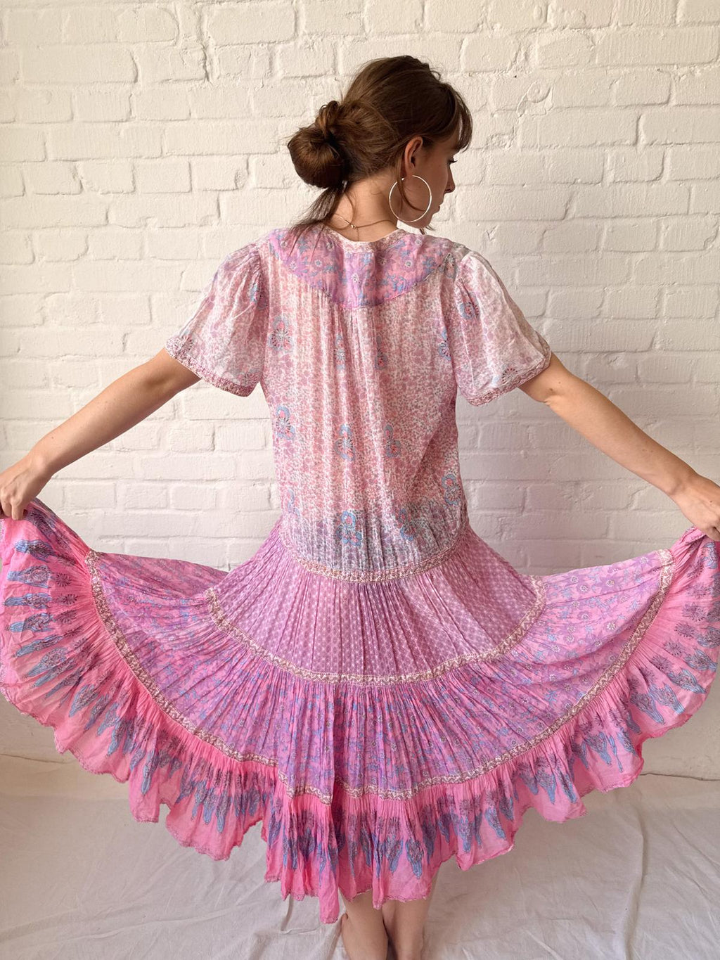 1970s Adini Indian Cotton Gauze Block Print Summer Dress