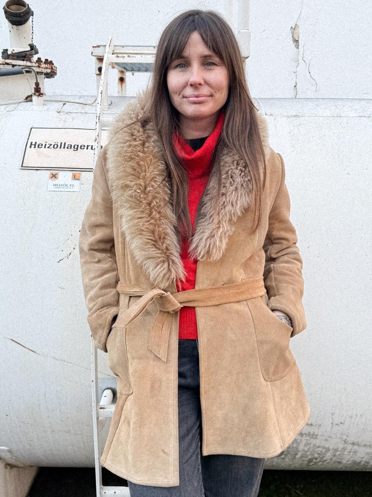 Late 1970s Suede Longline Belted Jacket with Fur Collar