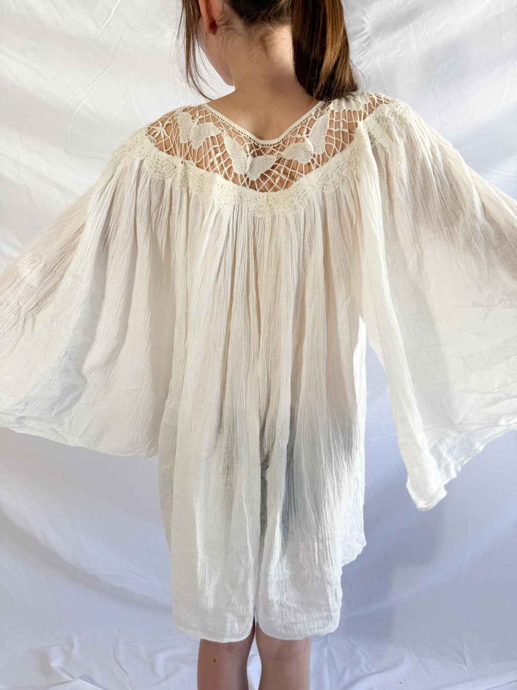 1970s Cotton Gauze Tunic with Butterfly Crochet Neckline