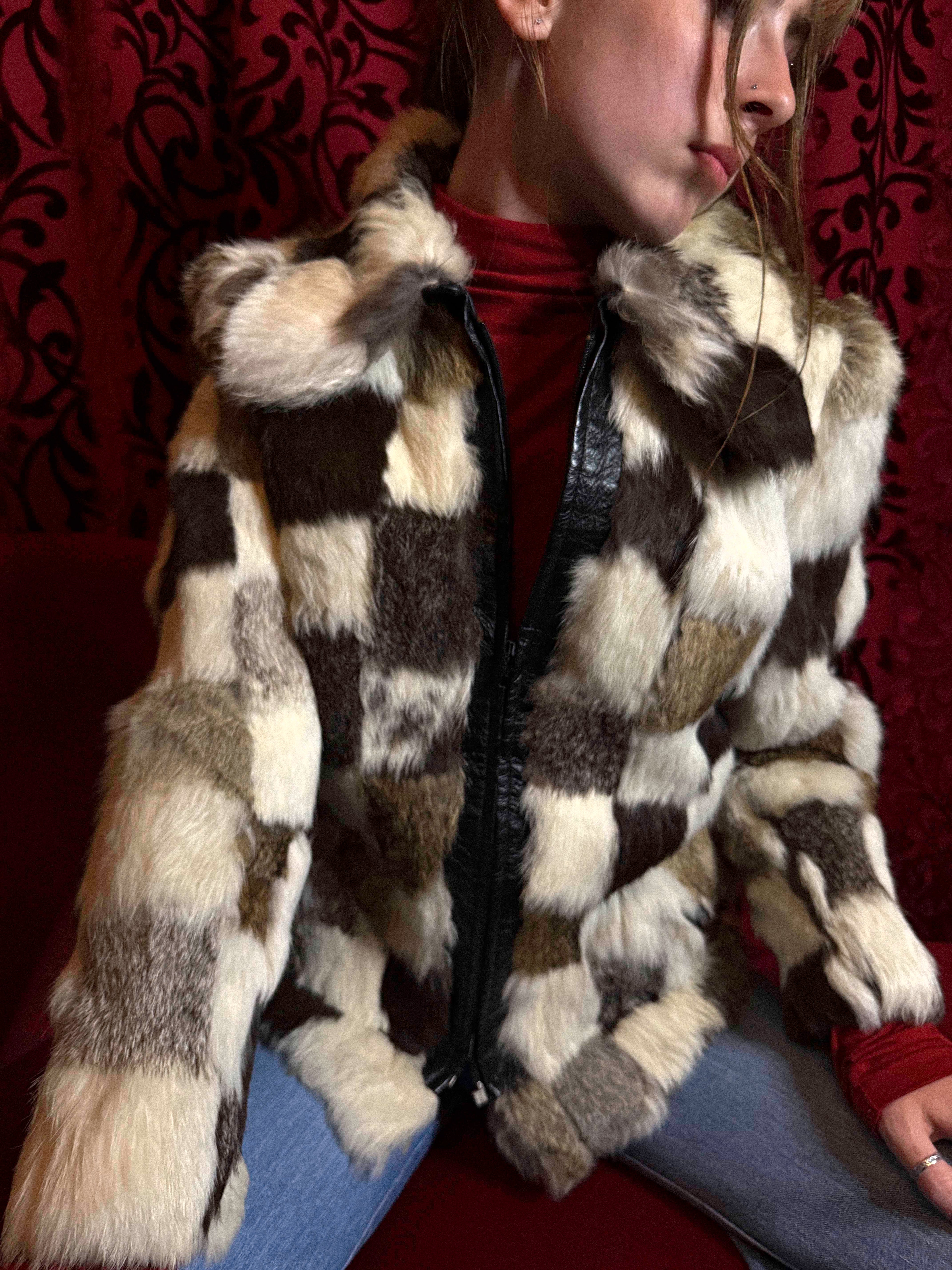 1970s Patchwork Fur &amp; Leather Jacket – Chessboard Pattern with Dagger Collar, Glam Rock Icon